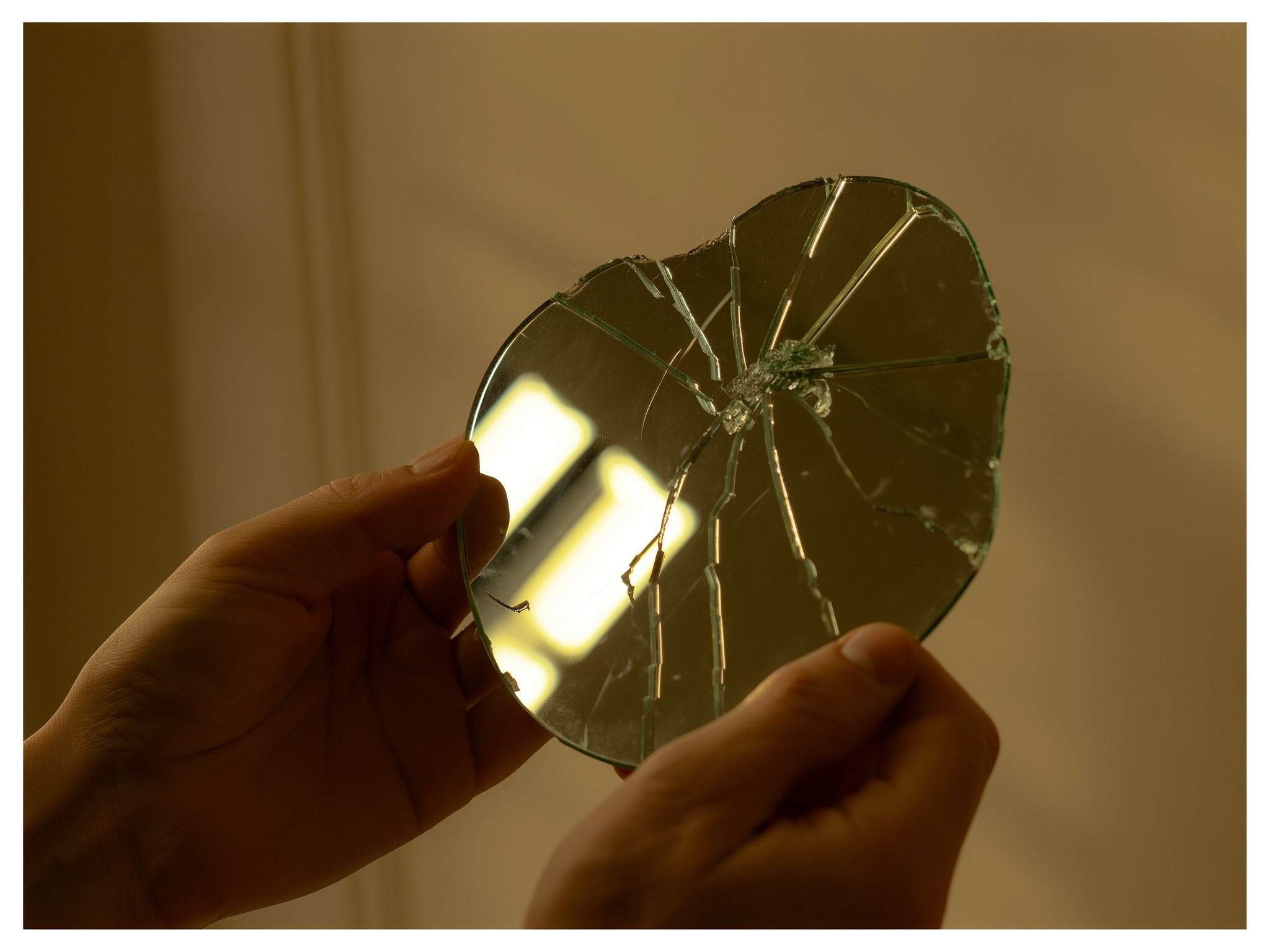 Manos sosteniendo un espejo fragmentado simbolizando la distorsión de la autoimagen en relaciones tóxicas