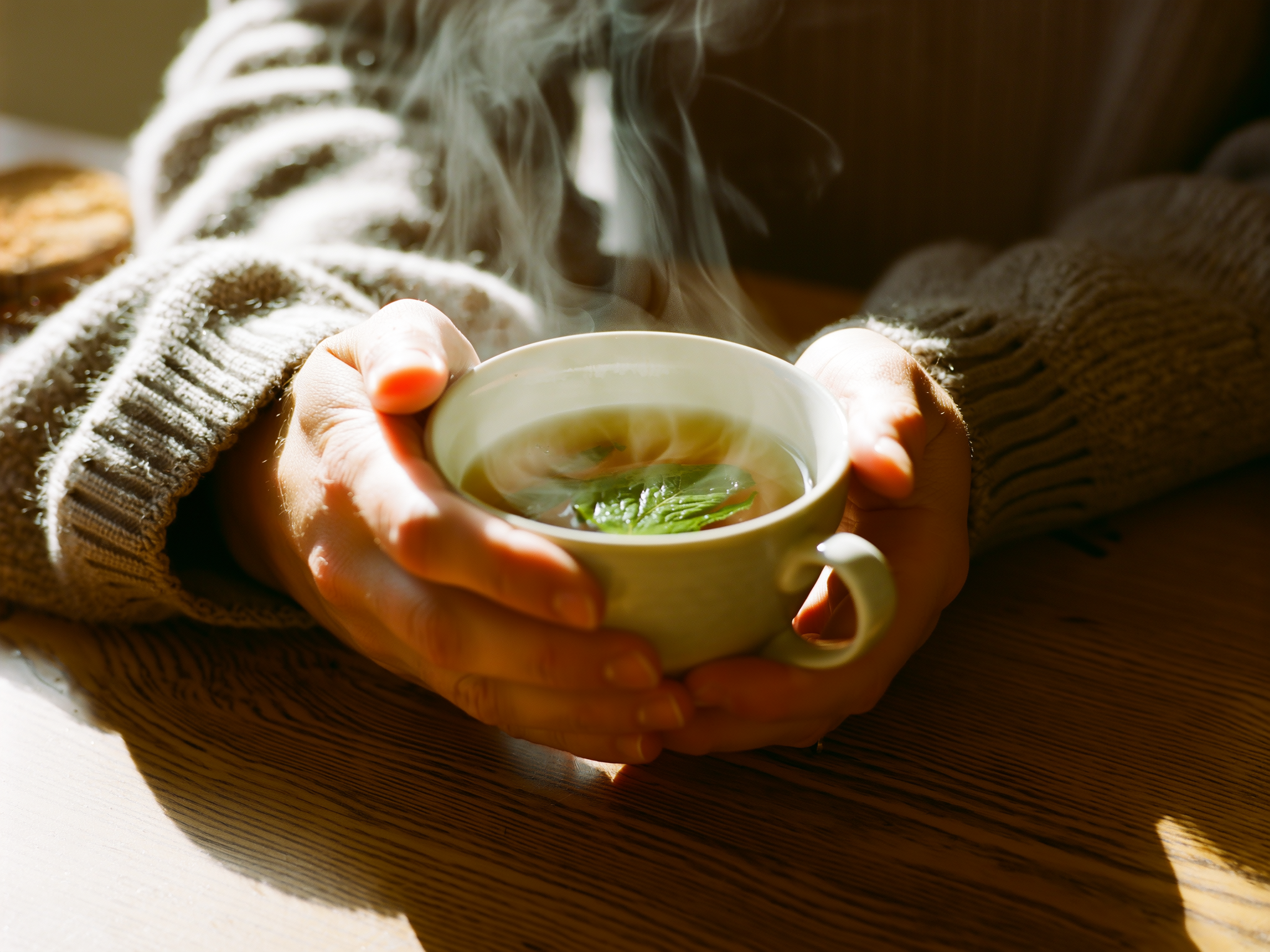 Manos sosteniendo una taza de té, representando momentos de calma y autocuidado
