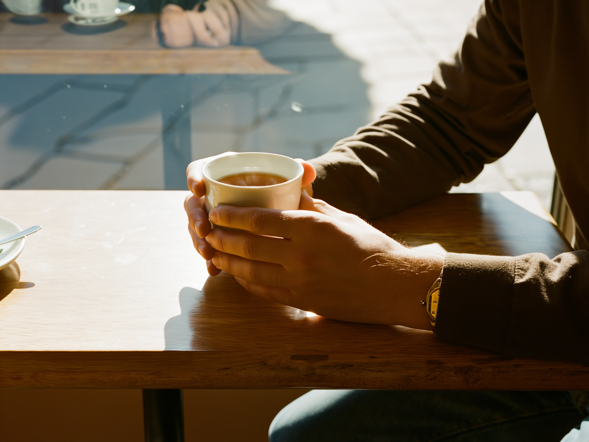 Manos sosteniendo una taza de té junto a una ventana, simbolizando momentos de calma y reflexión