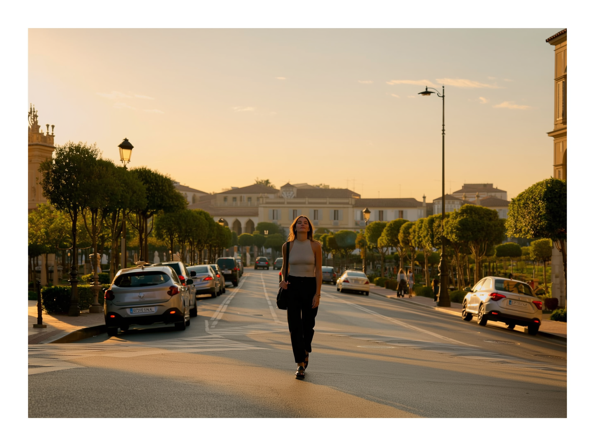 Mujer caminando con confianza por una calle europea, representando independencia emocional