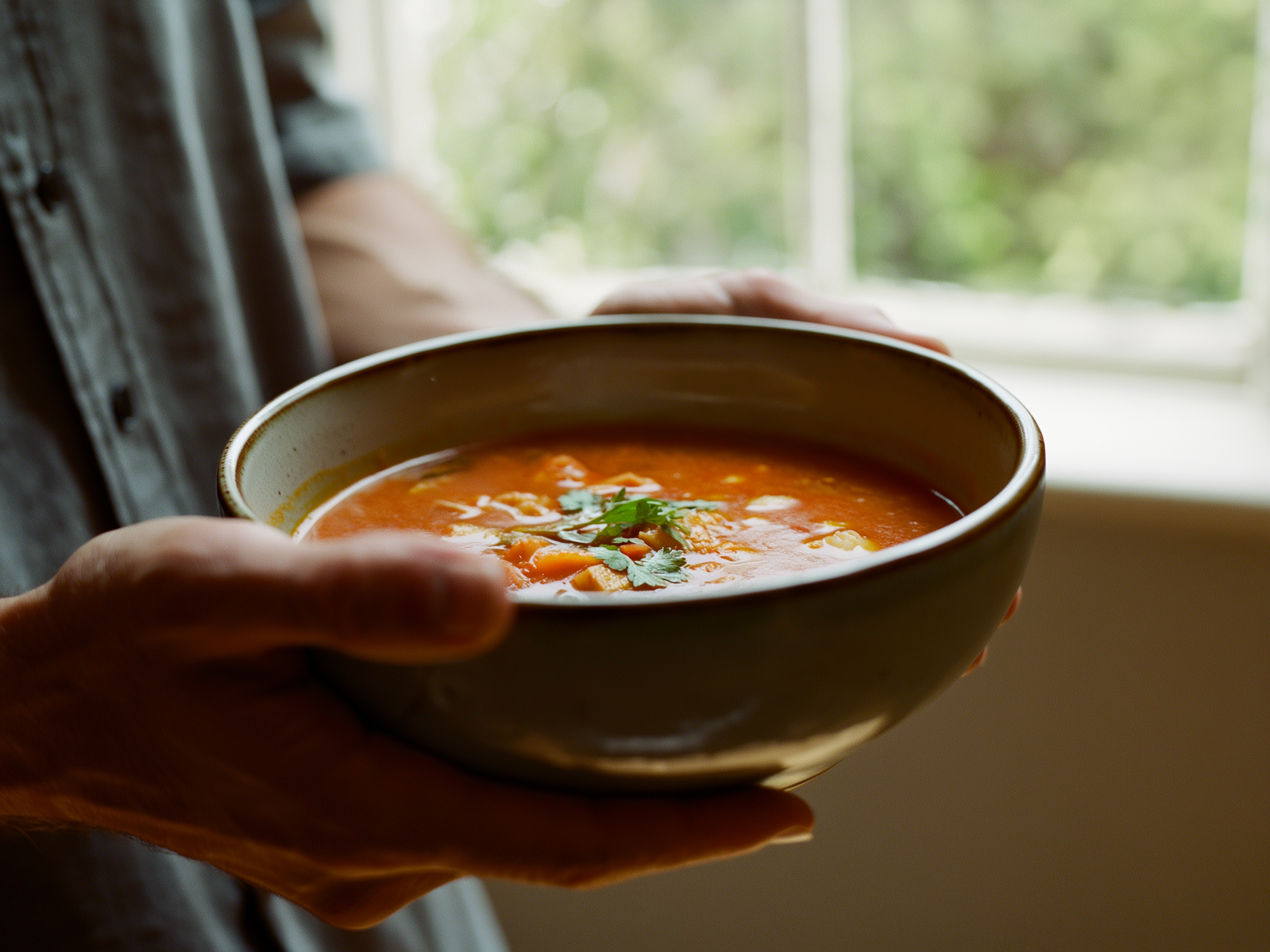 Manos sosteniendo un tazón de sopa caliente con luz natural suave