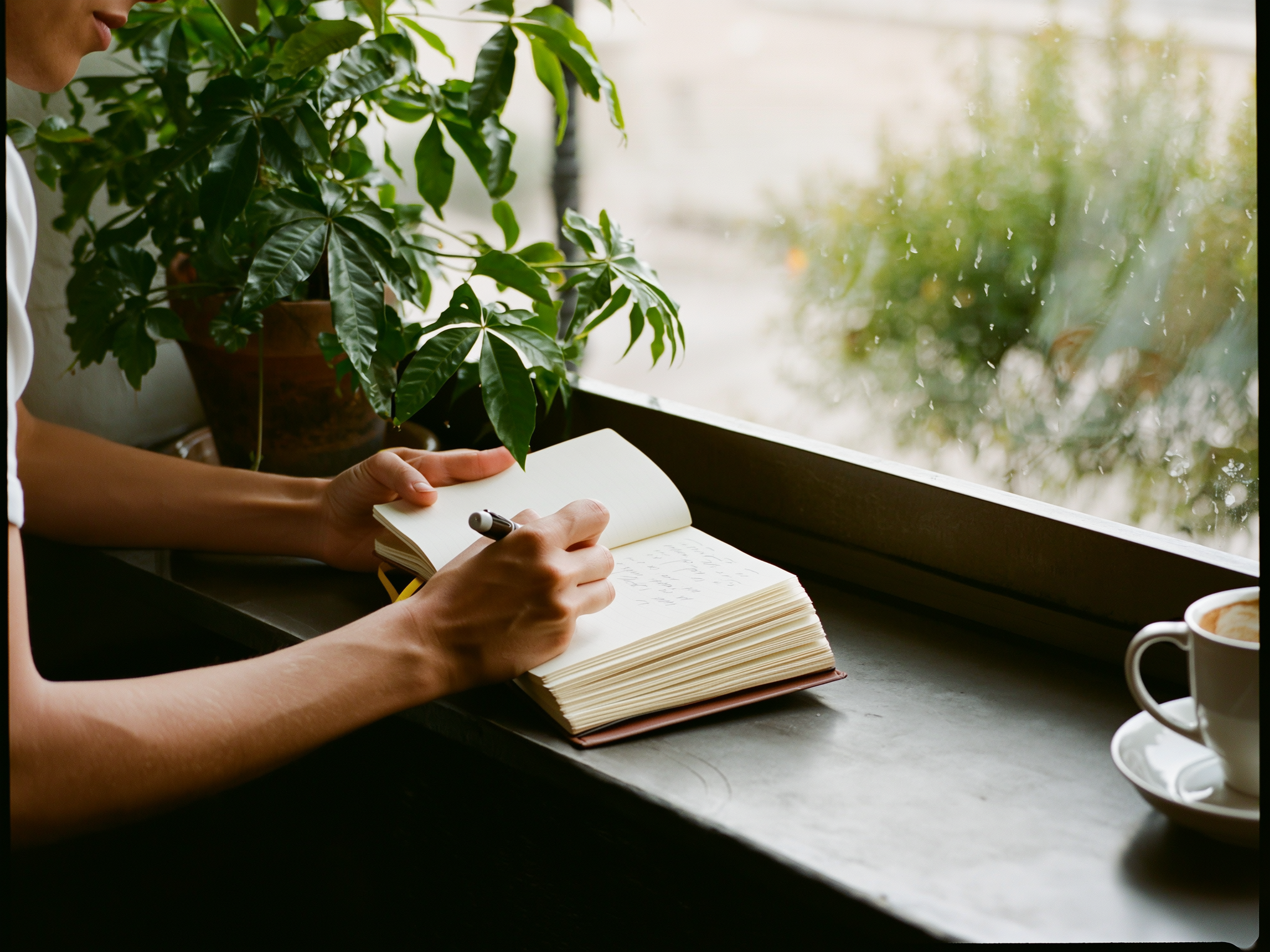 Manos escribiendo en un diario junto a una ventana con luz natural