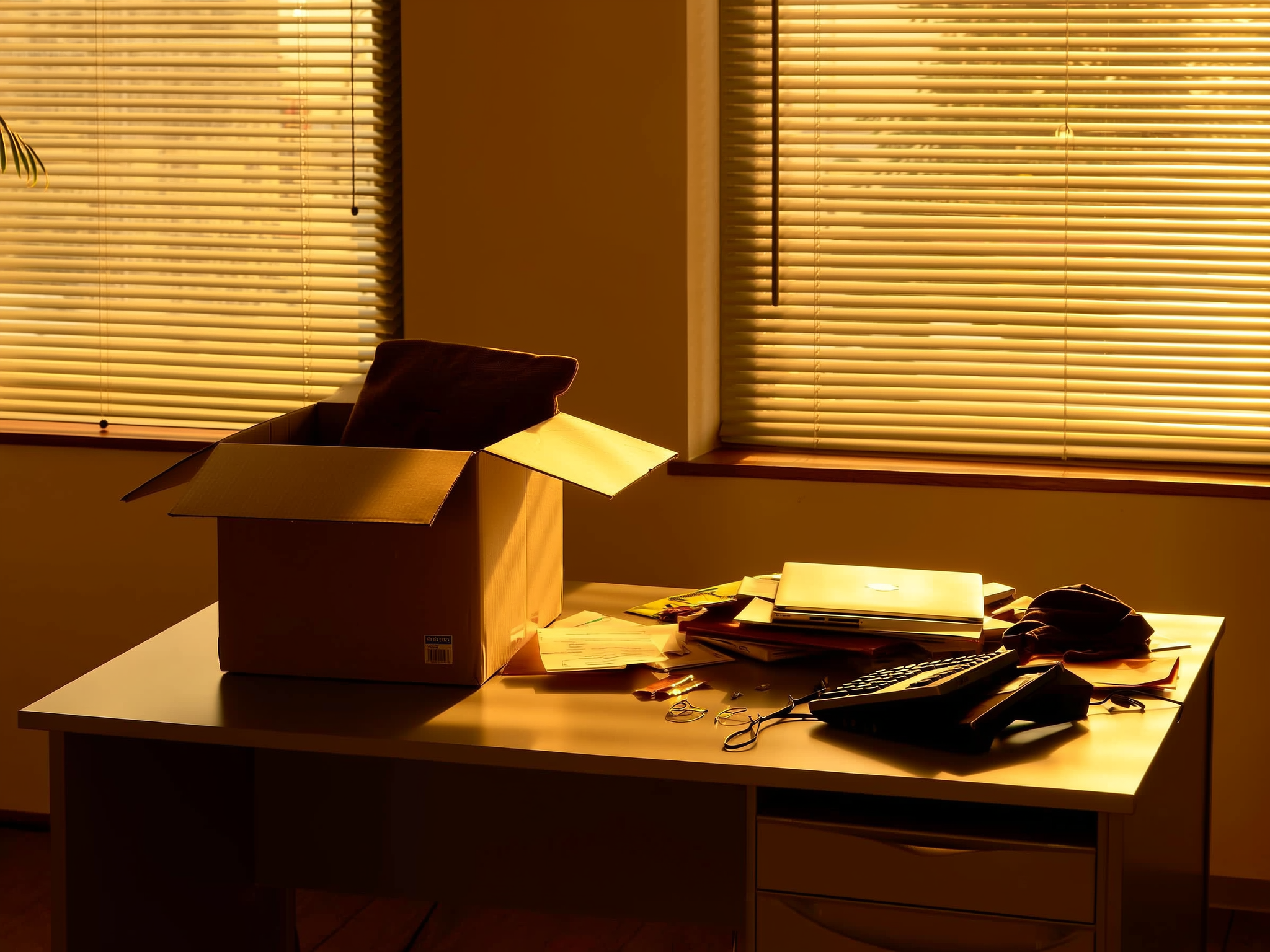 Mesa de oficina con objetos personales siendo empaquetados simbolizando transición laboral