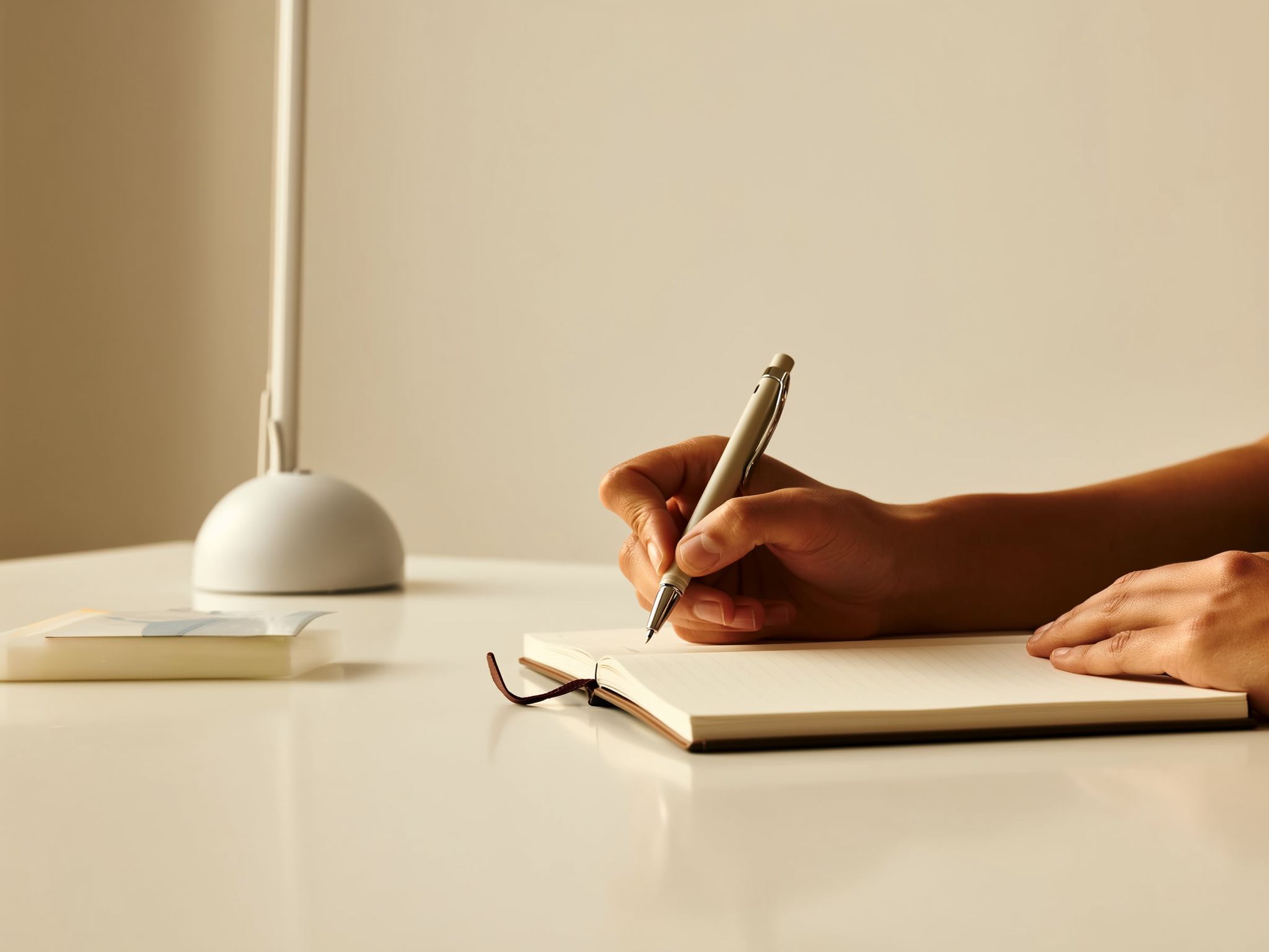 Manos escribiendo en un diario como técnica de registro de pensamientos