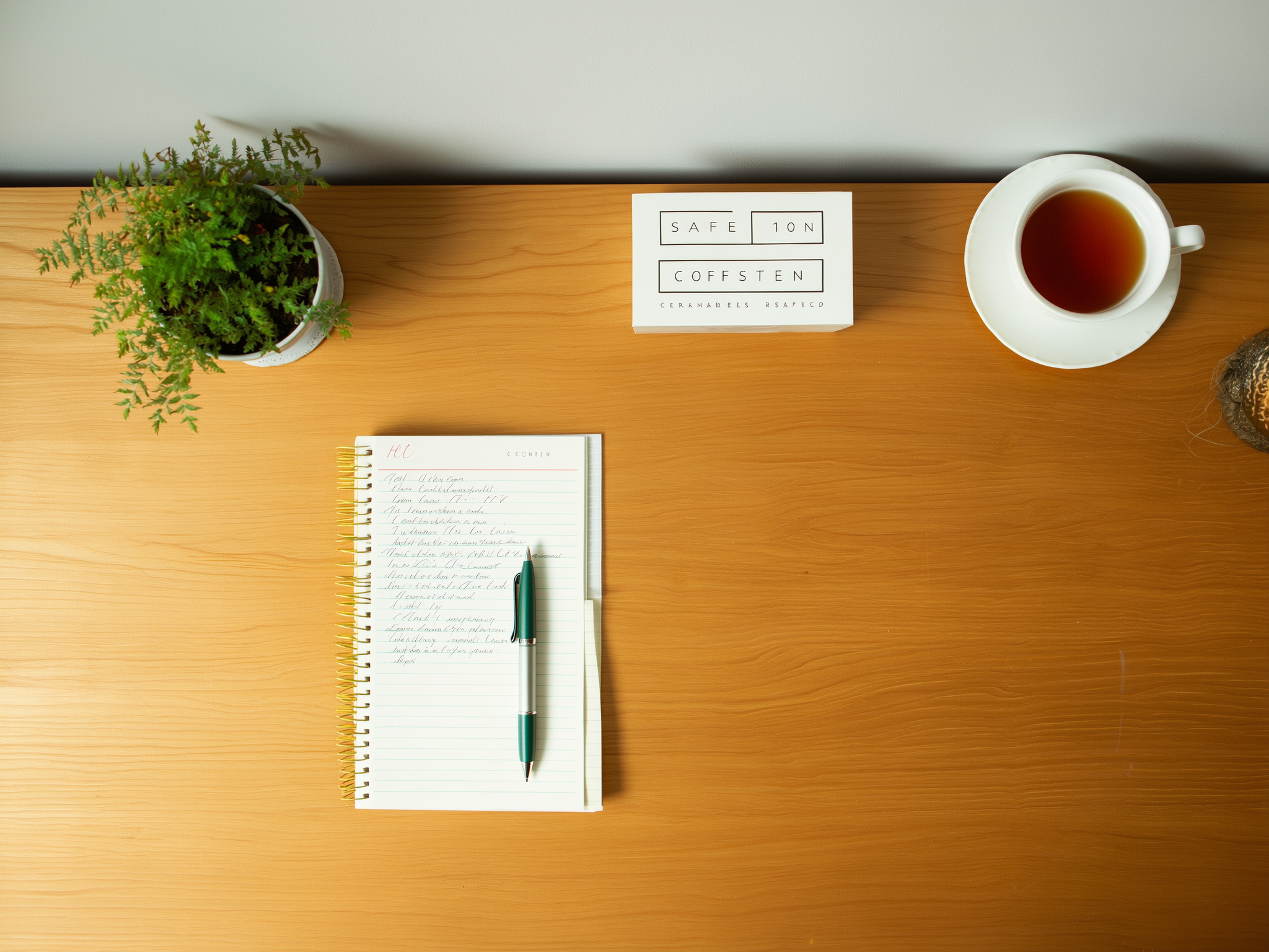 Escritorio organizado con diario personal y elementos de bienestar