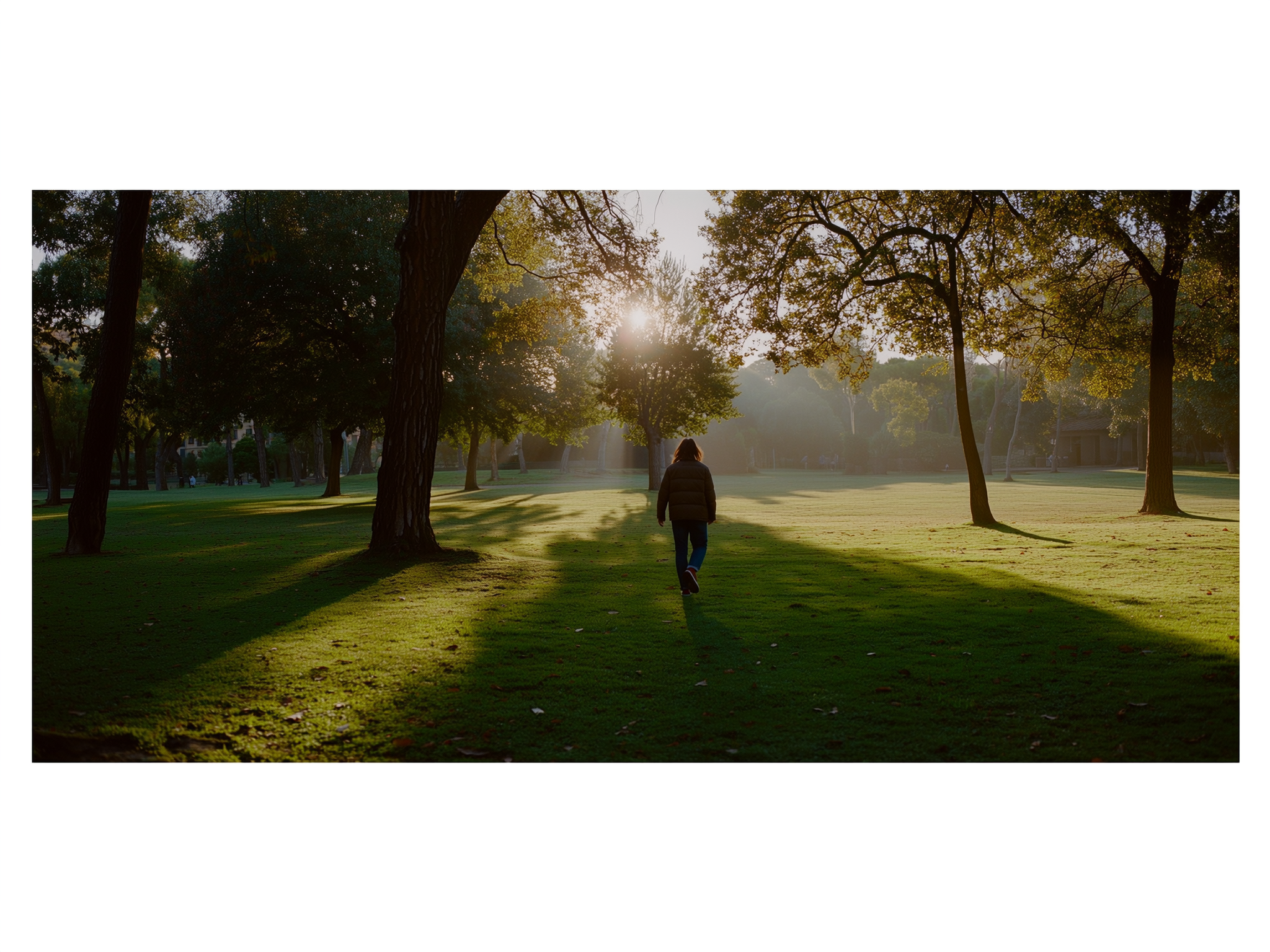 Persona caminando tranquilamente por un parque con luz natural filtrada entre los árboles