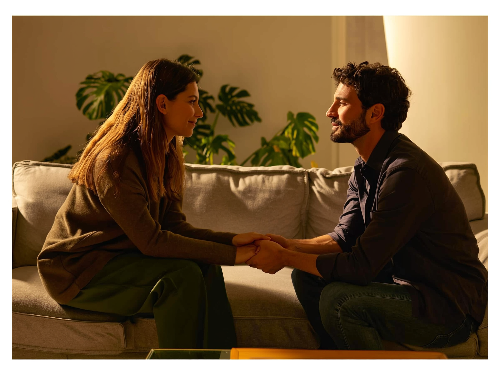 Pareja practicando escucha activa en un ambiente tranquilo y acogedor