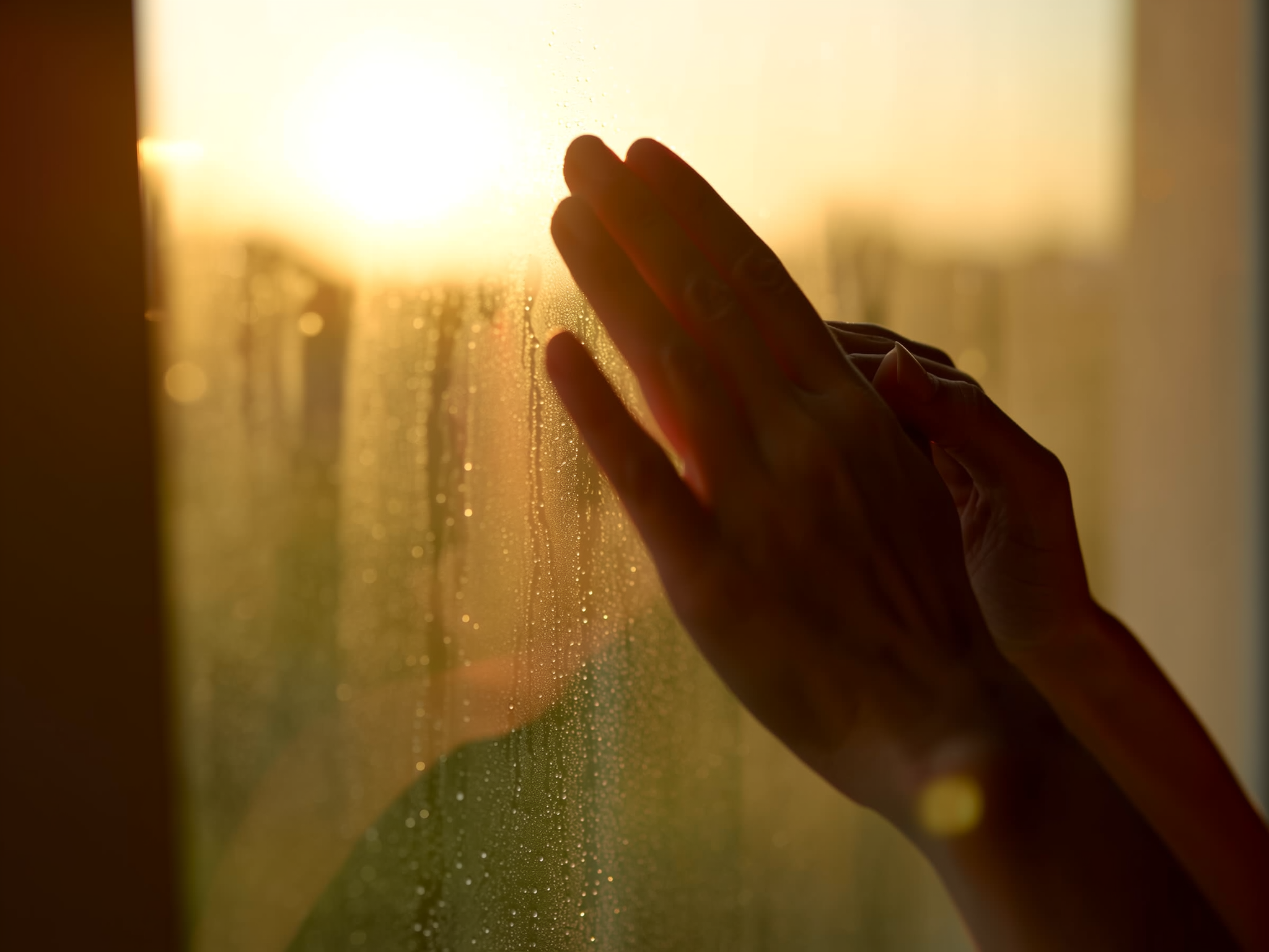 Manos tocando suavemente una ventana con gotas de rocío matutino