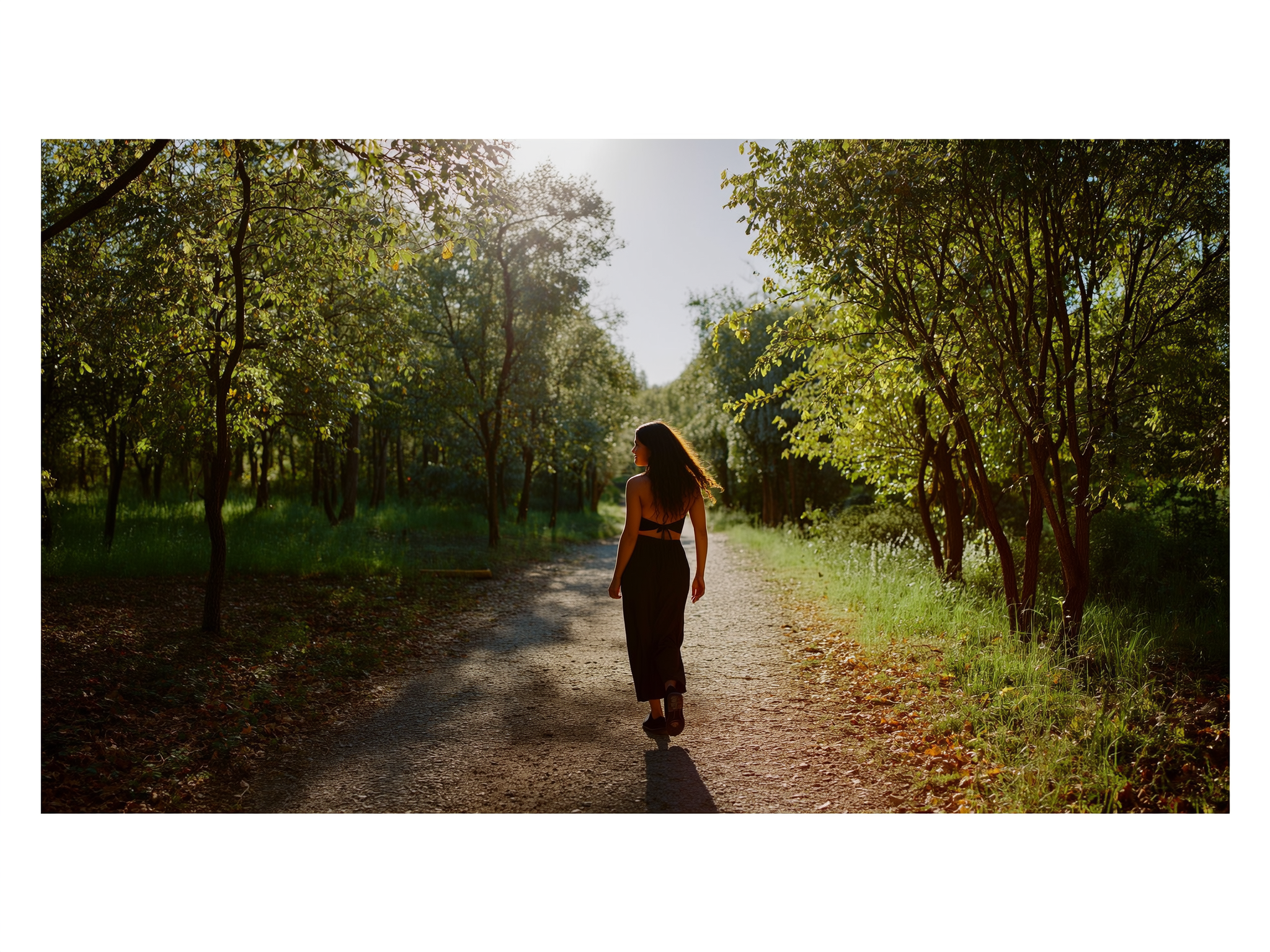 Mujer caminando con confianza por un sendero iluminado por el sol