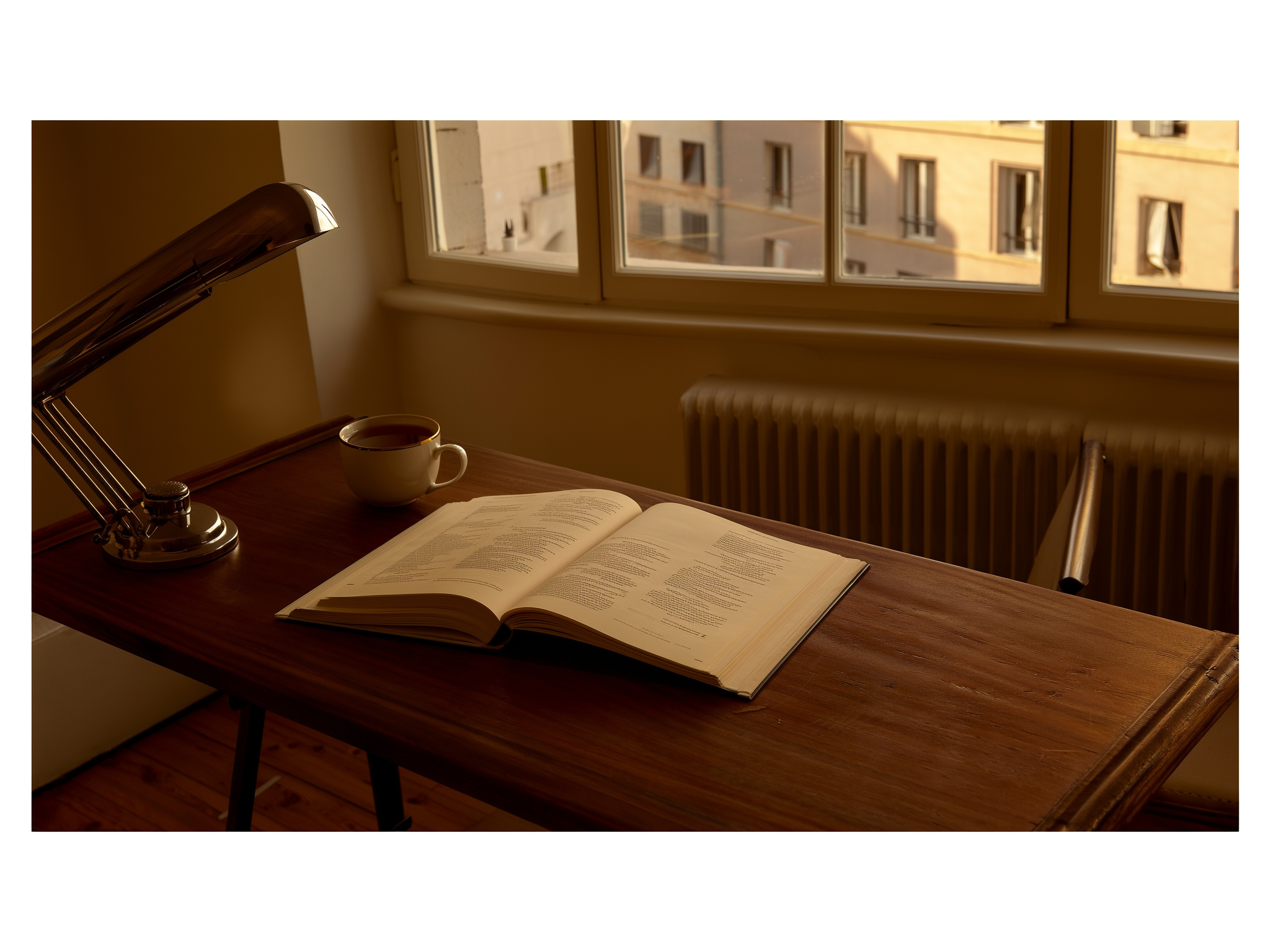 Diario abierto junto a una taza de té en un escritorio de madera, representando el proceso de escritura terapéutica