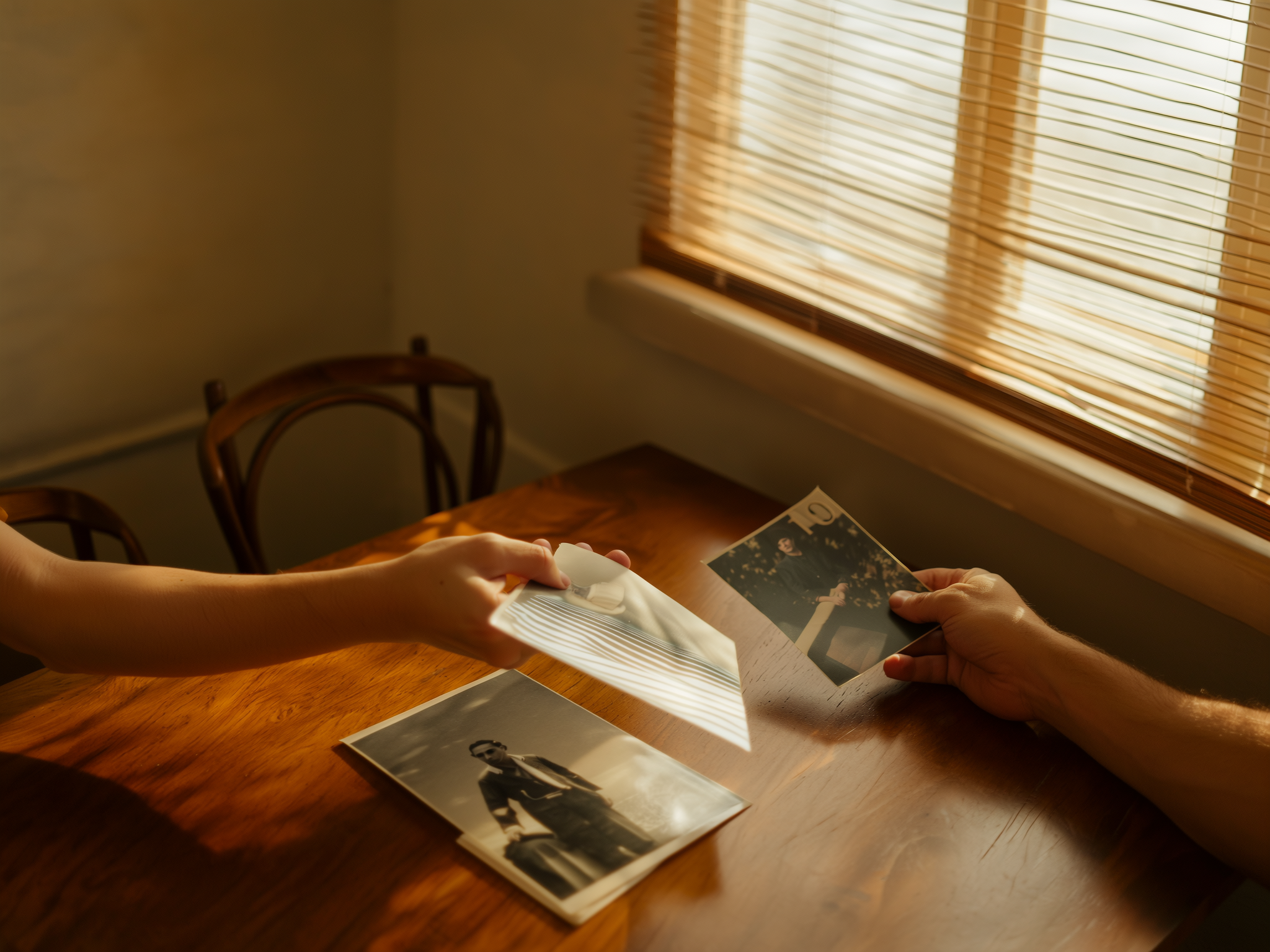 Manos sosteniendo una fotografía antigua sobre una mesa de madera, representando los recuerdos de relaciones perdidas