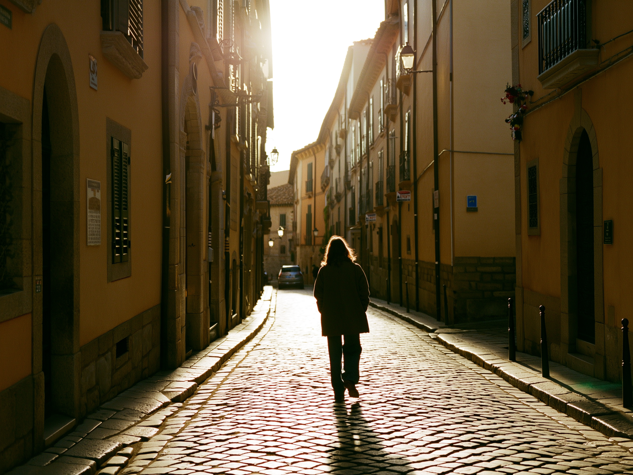 Persona caminando sola por una calle europea empedrada al atardecer, simbolizando el proceso de reconstrucción personal