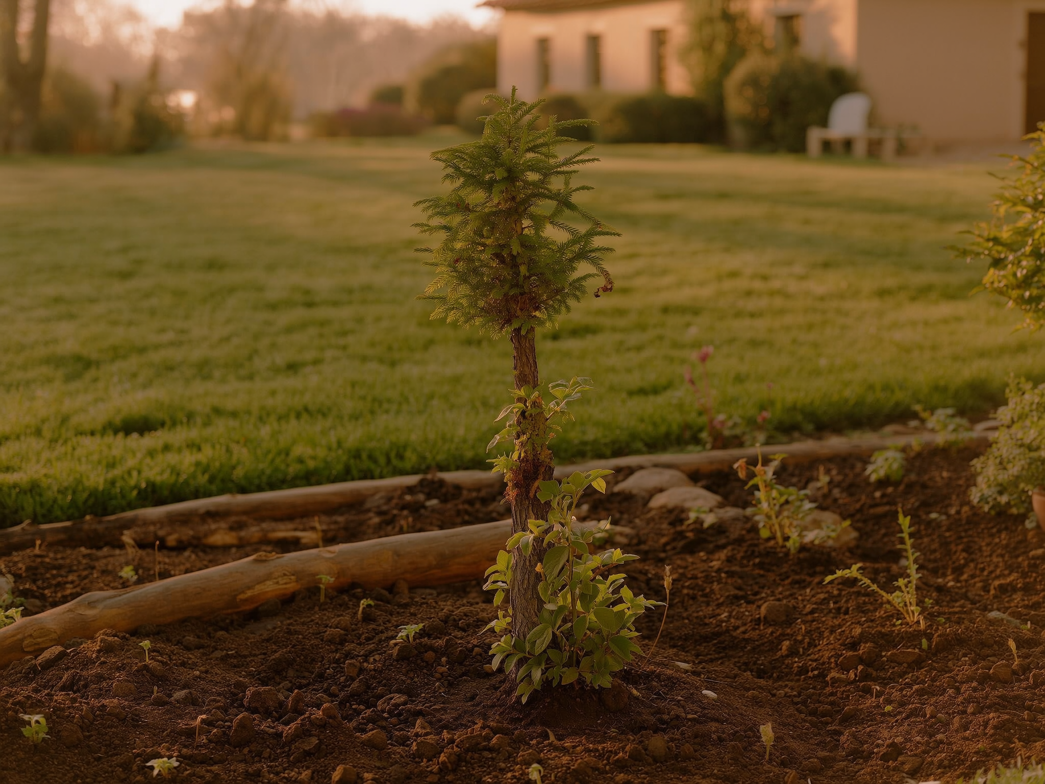Pequeño árbol plantado en jardín con luz matutina suave como símbolo de memoria