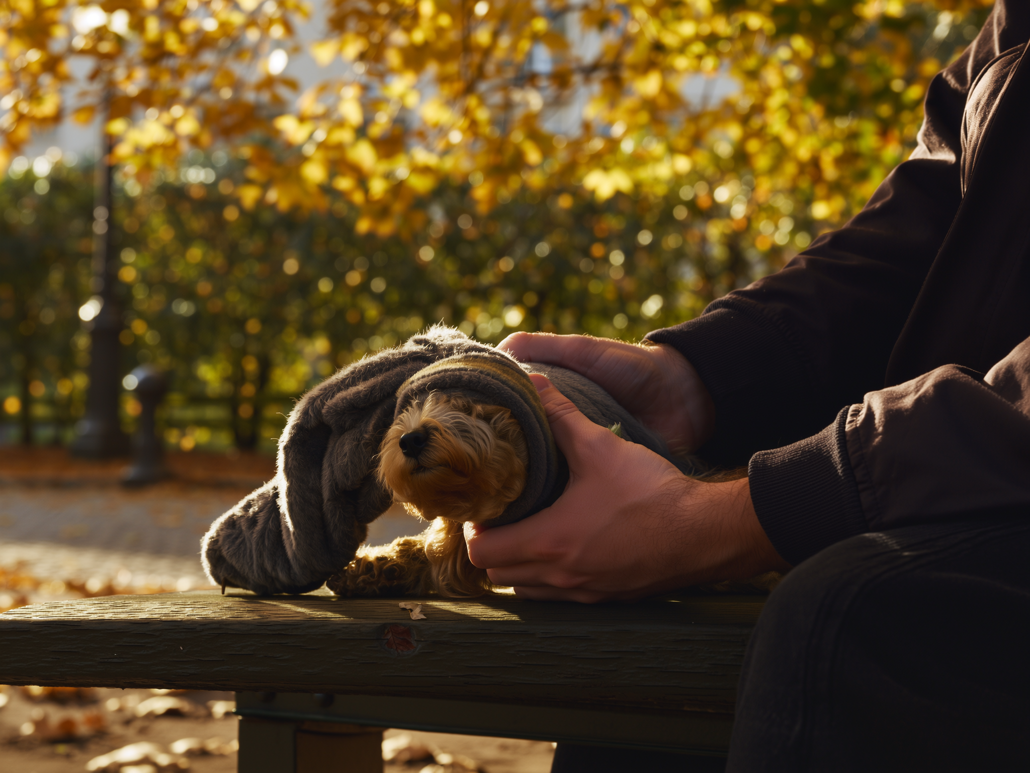 Manos sosteniendo juguete de mascota en un banco del parque con luz suave