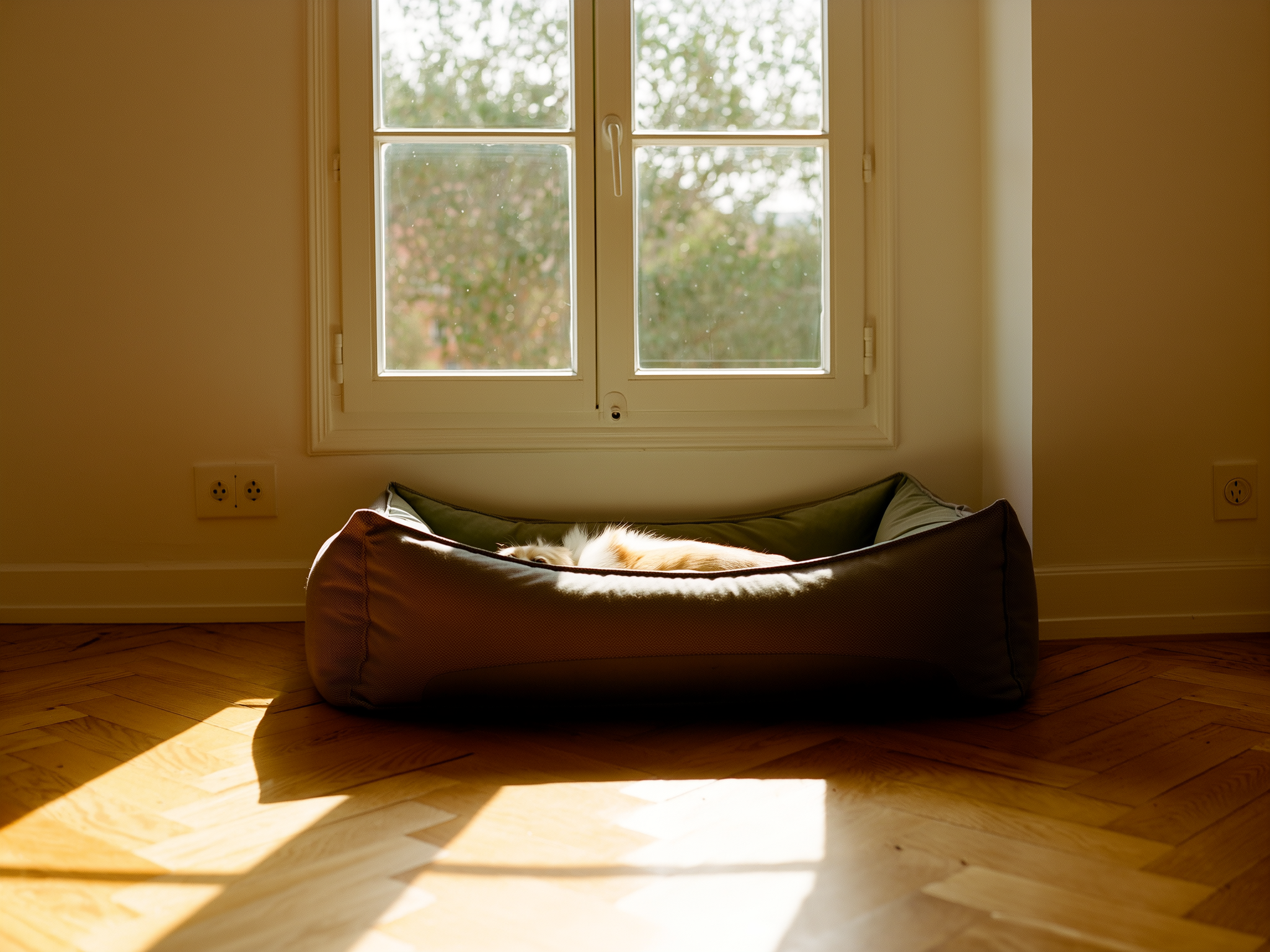 Cama vacía de mascota junto a ventana con luz natural suave