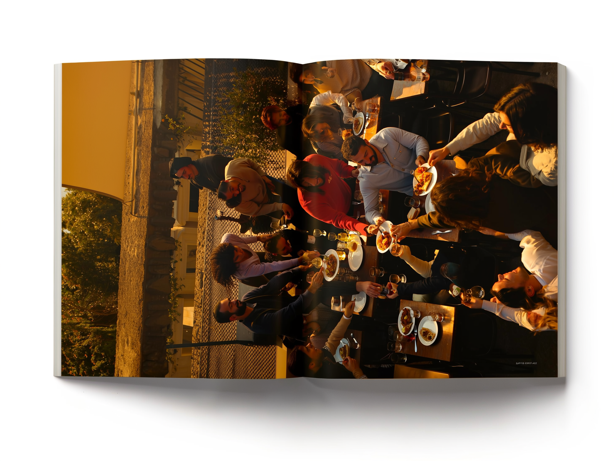 Grupo de amigos compartiendo comida en terraza de restaurante