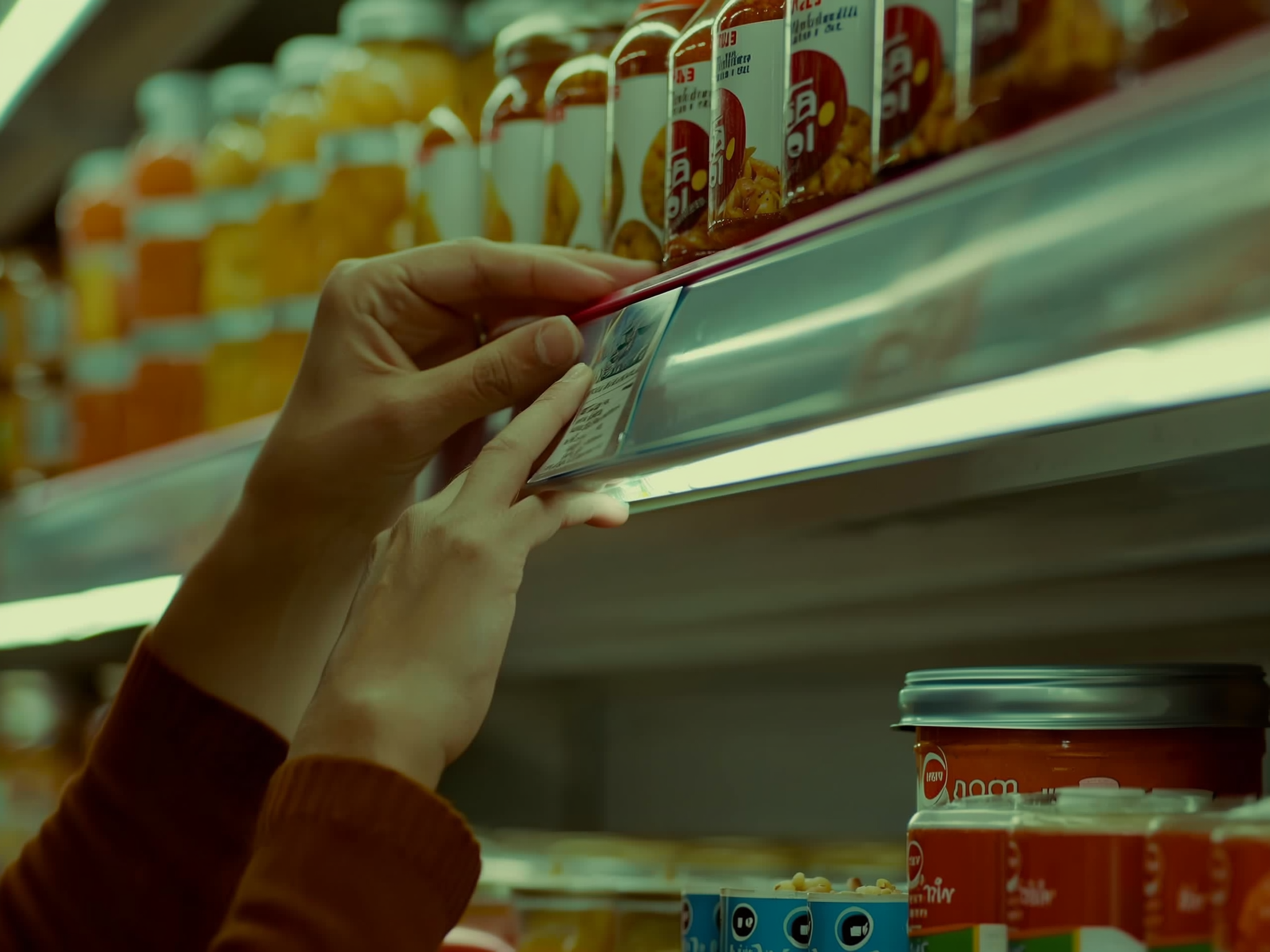 Manos leyendo etiquetas de alimentos en supermercado