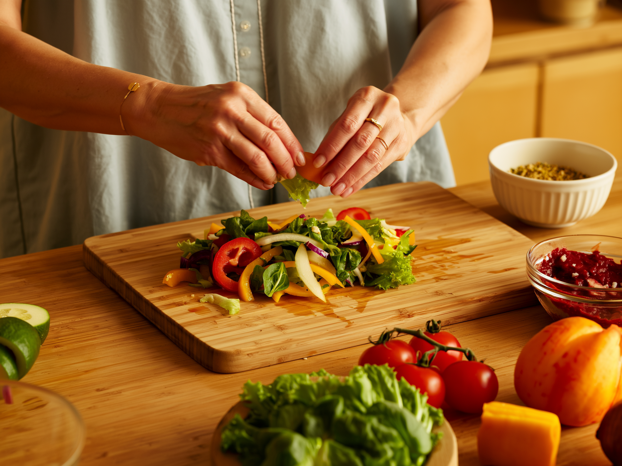 Manos preparando ensalada fresca con ingredientes naturales en cocina luminosa