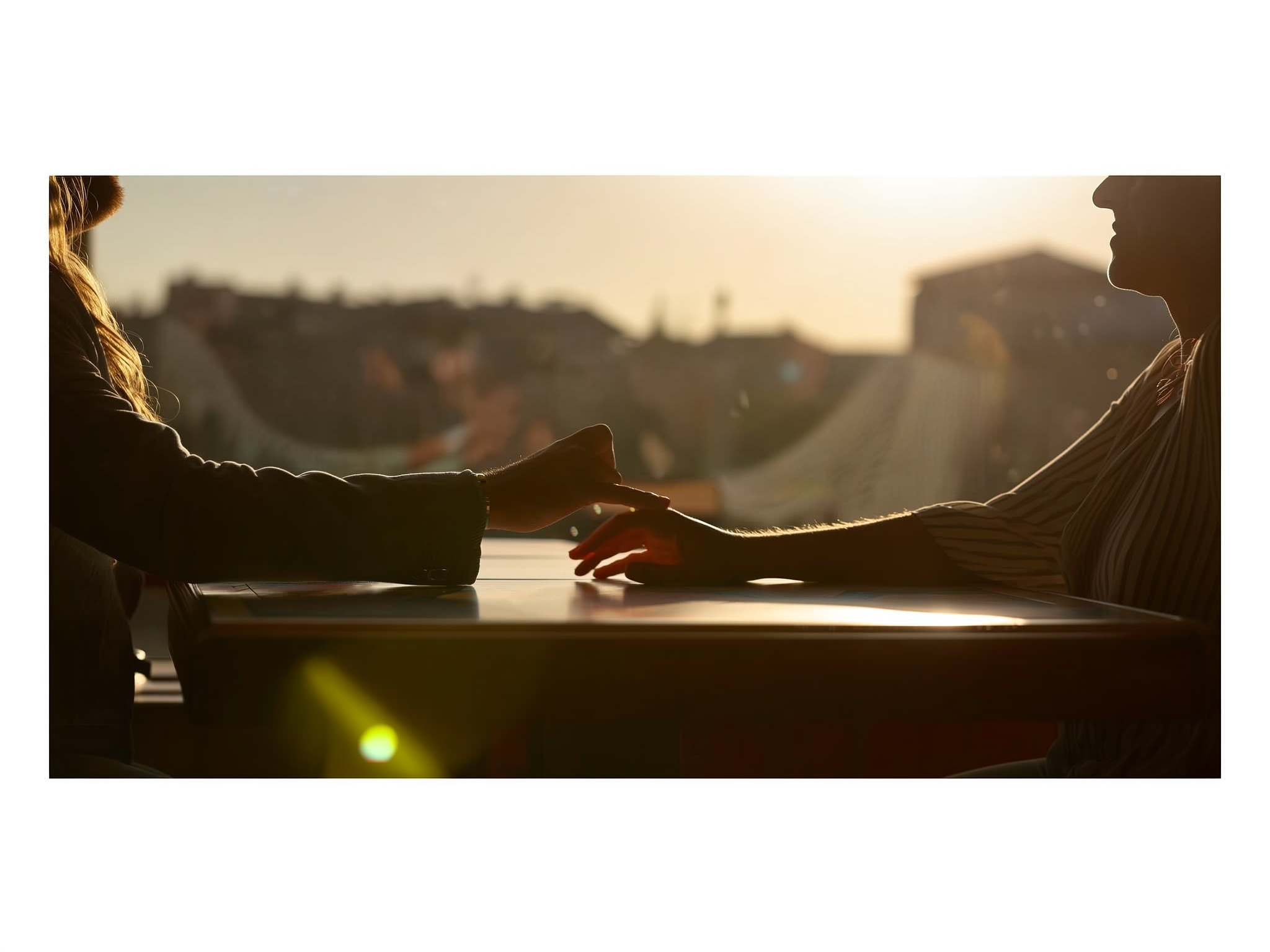Manos de pareja casi tocándose en una mesa, simbolizando la cercanía y distancia emocional