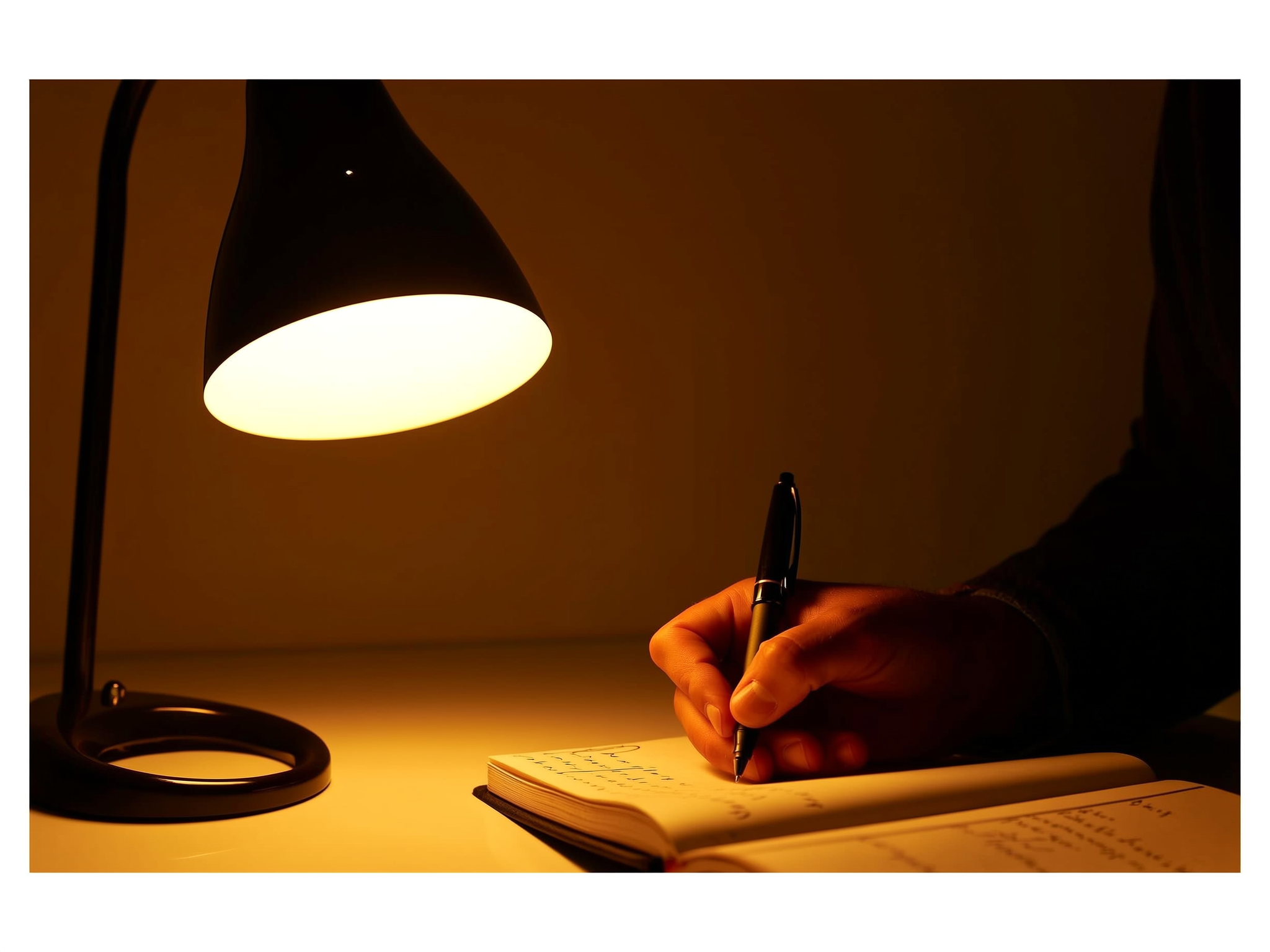 Persona escribiendo en un diario como técnica para gestionar pensamientos ansiosos antes de dormir