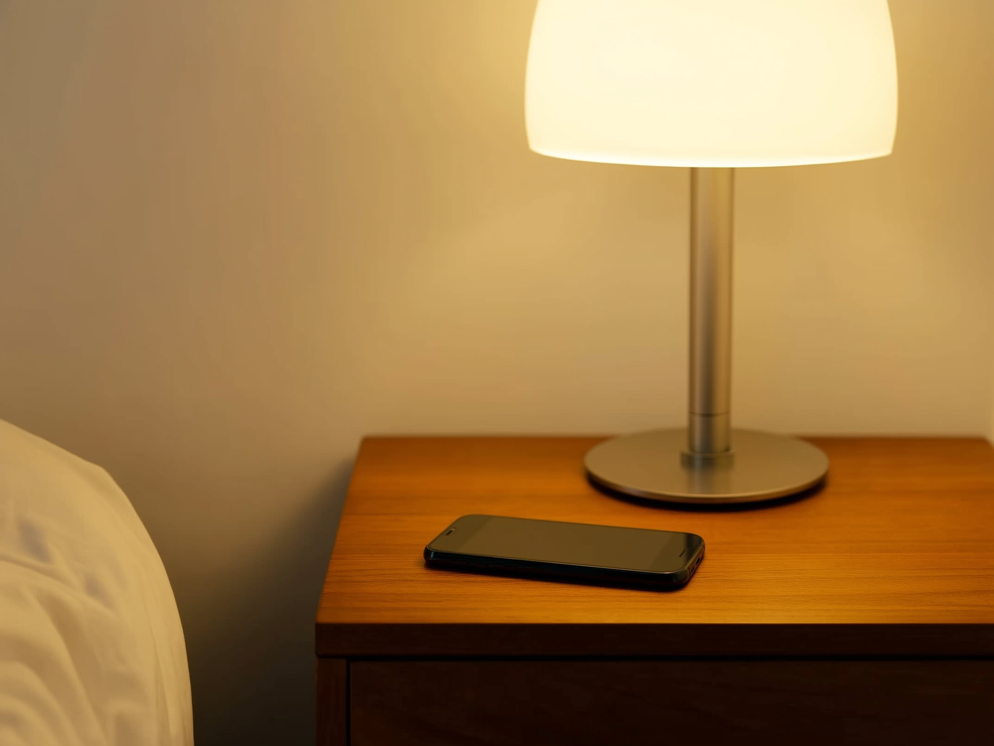 Teléfono móvil boca abajo en mesita de noche como parte de la higiene digital para mejorar el sueño