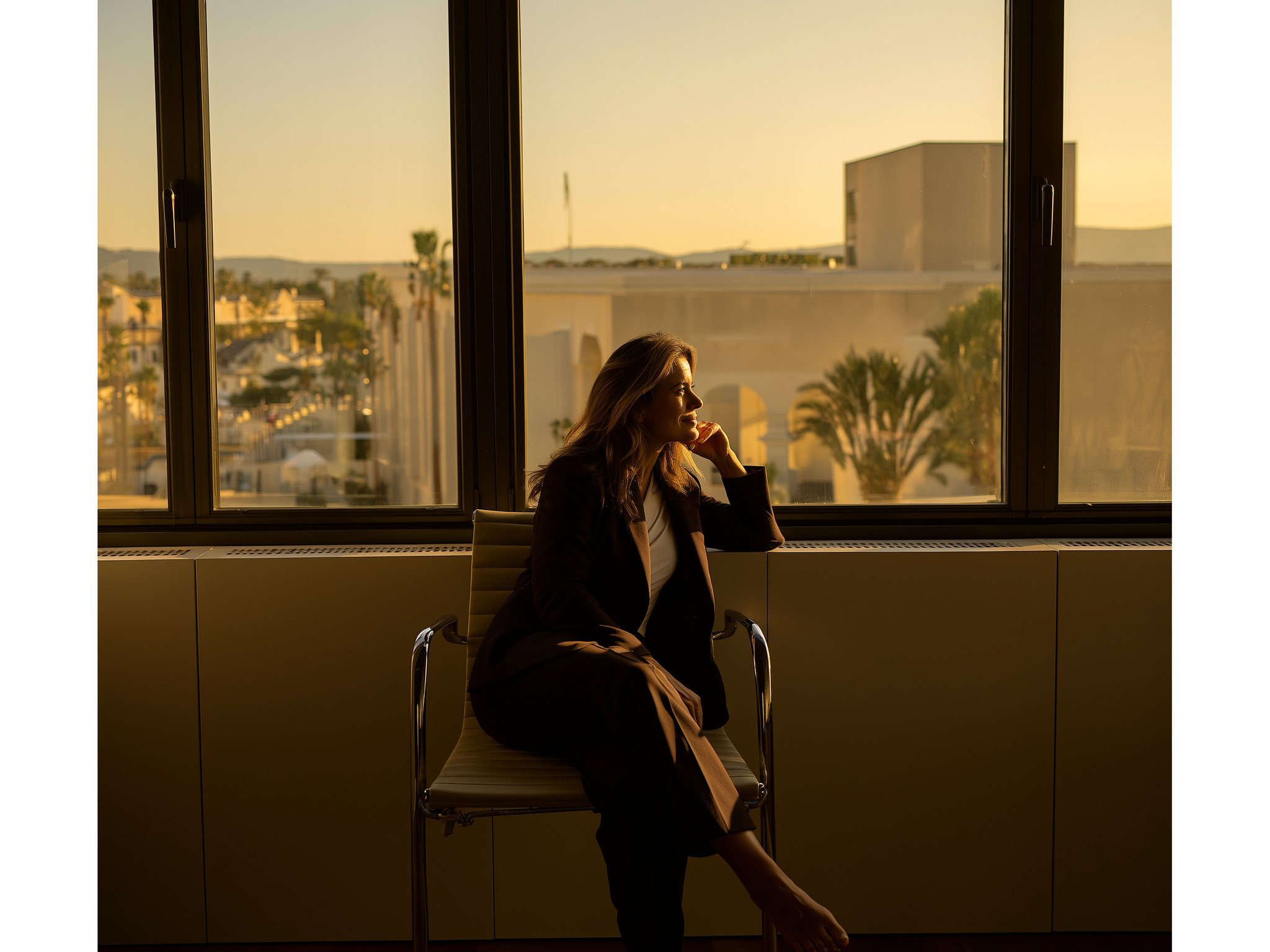 Mujer profesional reflexionando junto a una ventana con luz natural suave