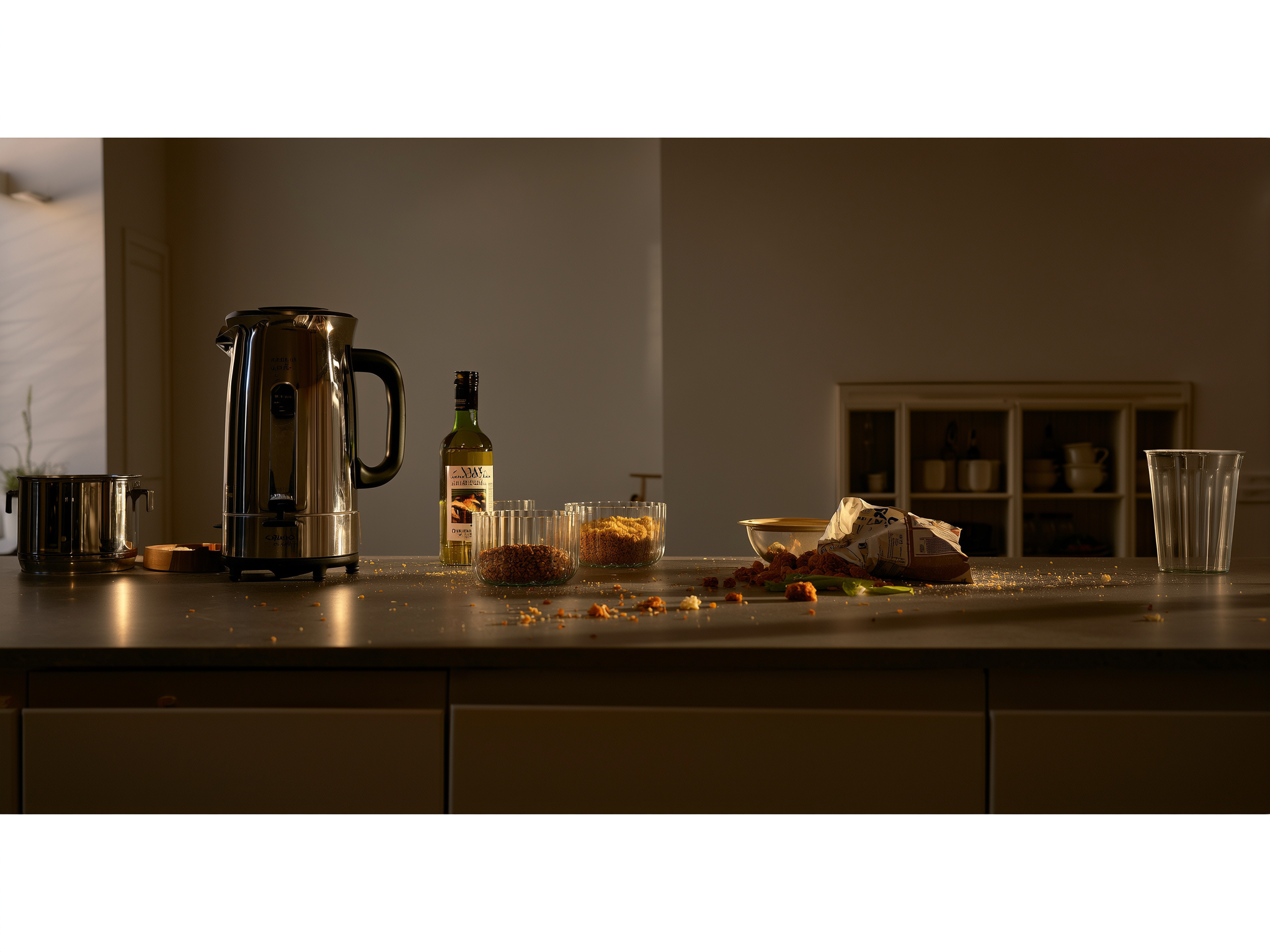 Cocina moderna con restos de comida, representando las consecuencias de un episodio de atracón