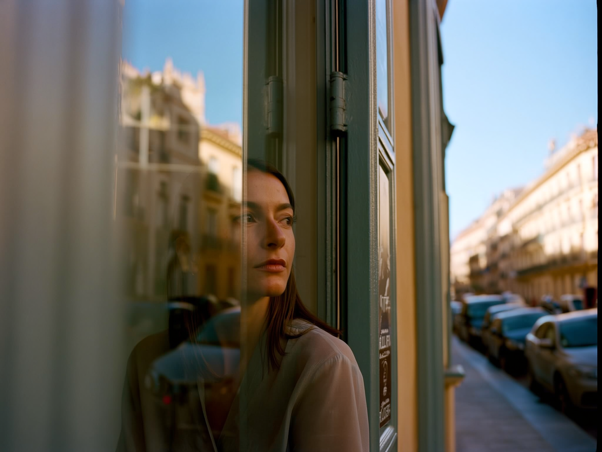 Mujer reflexiva mirando por la ventana de una cafetería, simbolizando la introspección y el proceso de sanación