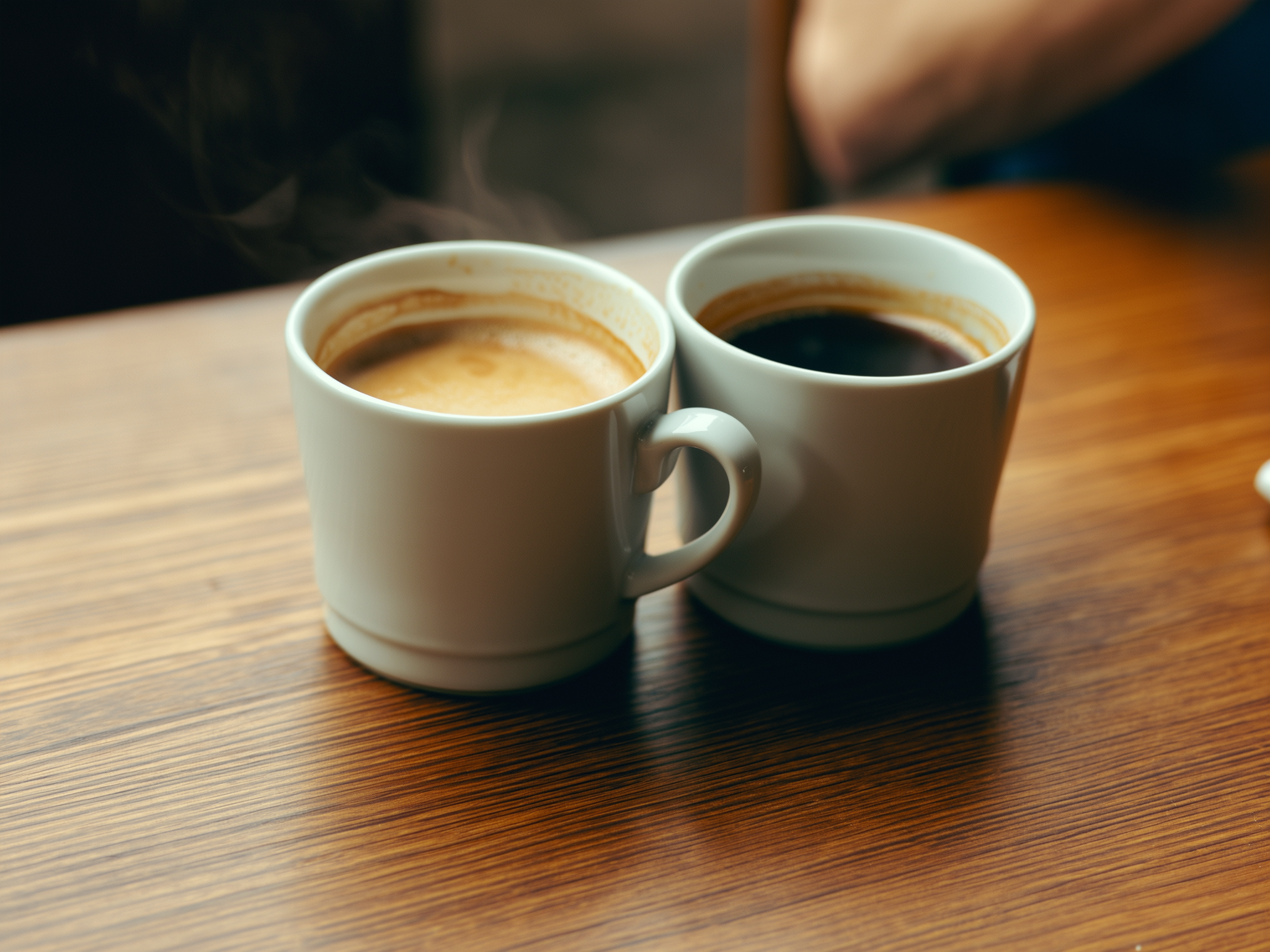 Dos tazas de café en mesa de madera simbolizando distancia emocional en pareja