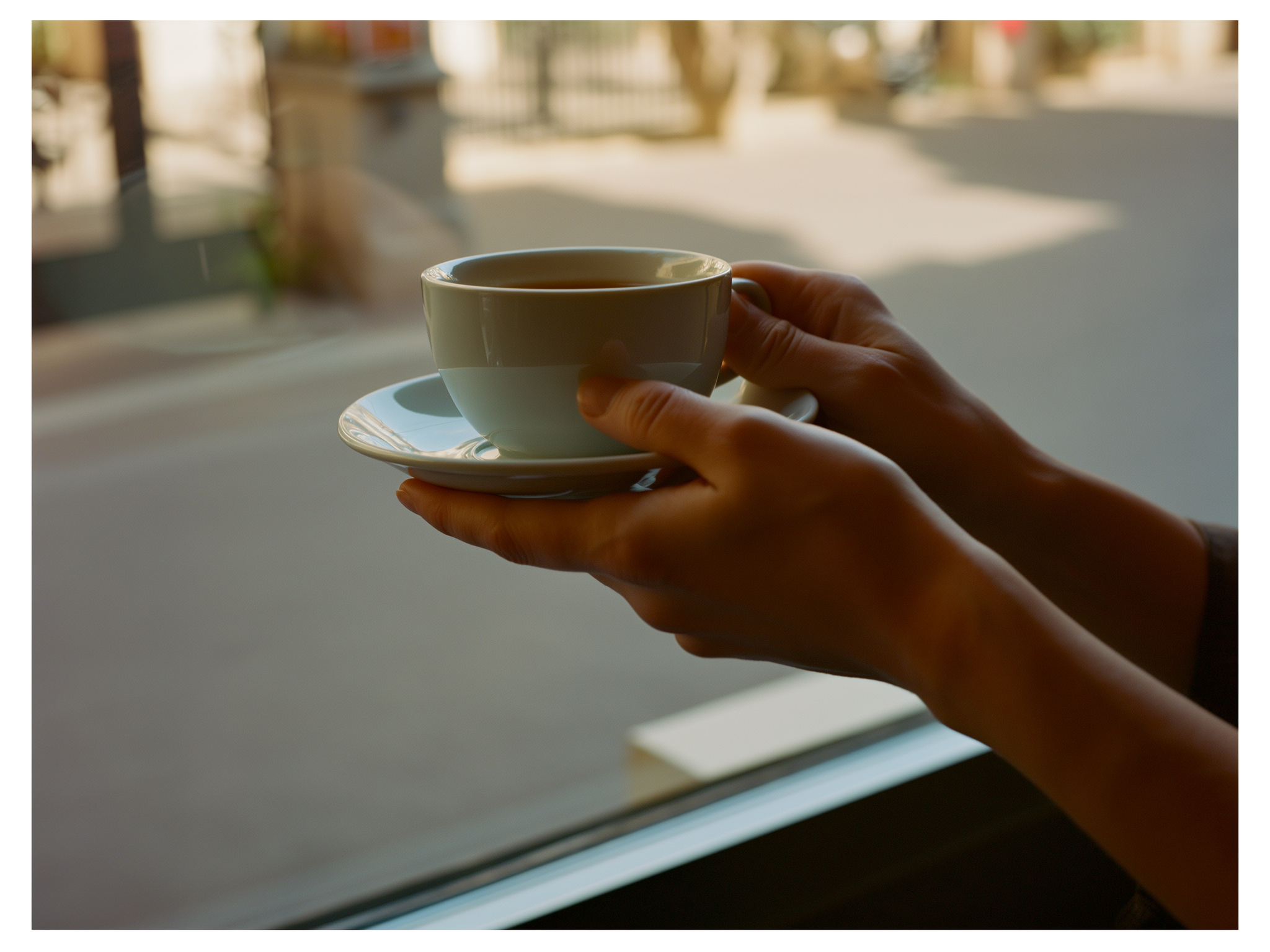 Manos adultas sosteniendo una taza de té en un momento de autocuidado