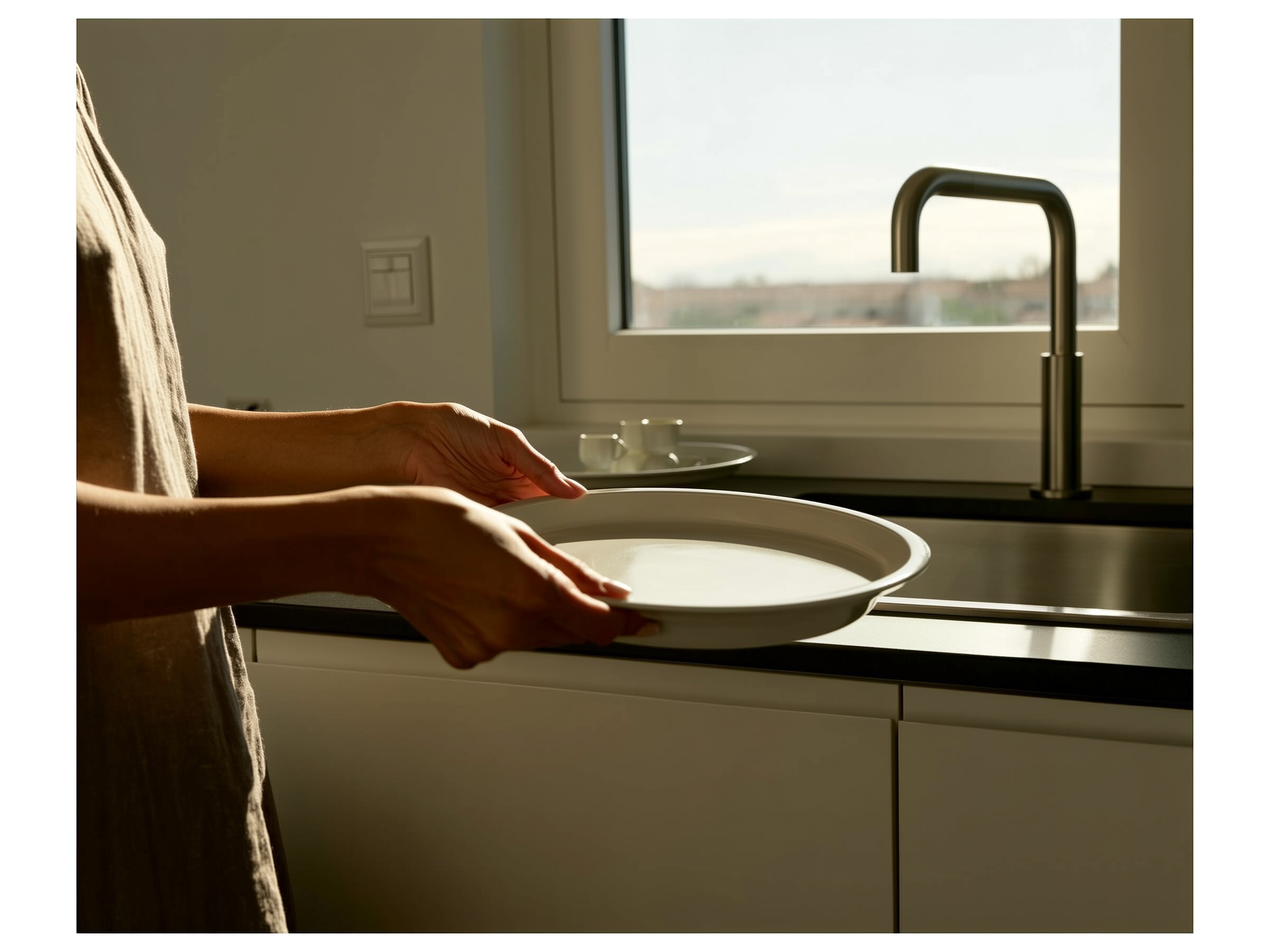 Manos de mujer sosteniendo plato vacío en cocina moderna, representando la relación compleja con la comida