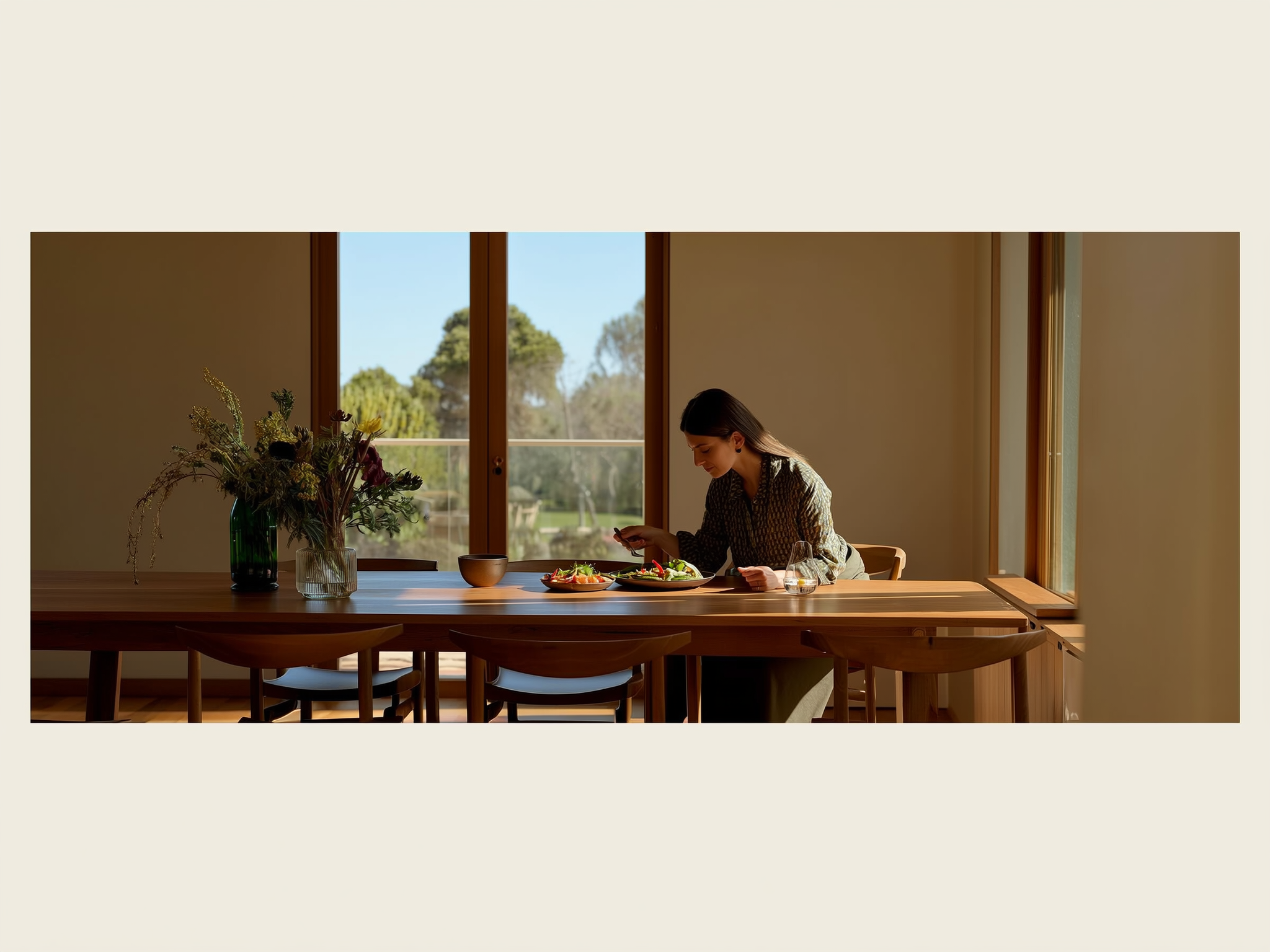 Mujer practicando alimentación consciente en mesa de madera con luz natural