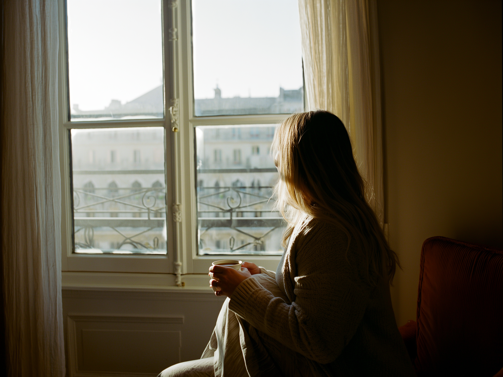 Mujer contemplando el amanecer desde una ventana con una taza de té, ambiente sereno y esperanzador