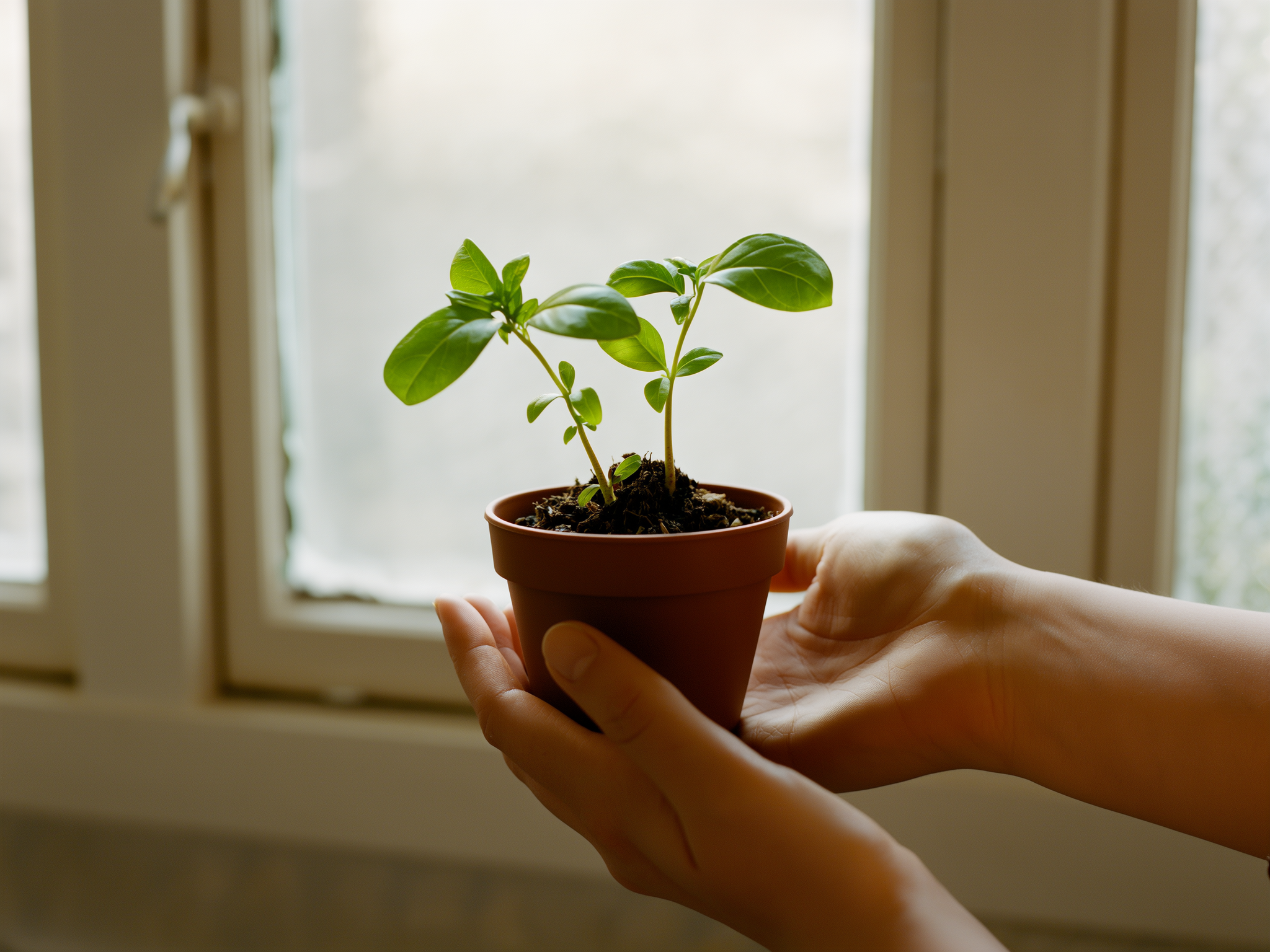 Manos cuidando una pequeña planta con brotes verdes, simbolizando crecimiento y cuidado