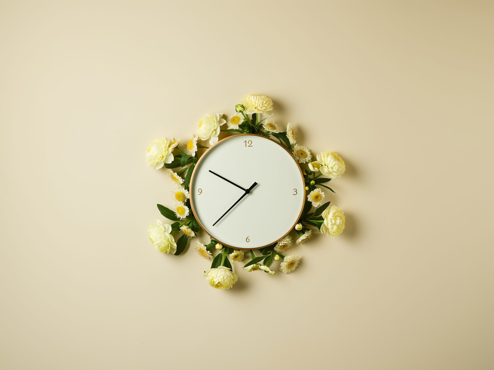 Reloj de pared rodeado de flores simbolizando el paso del tiempo y la renovación