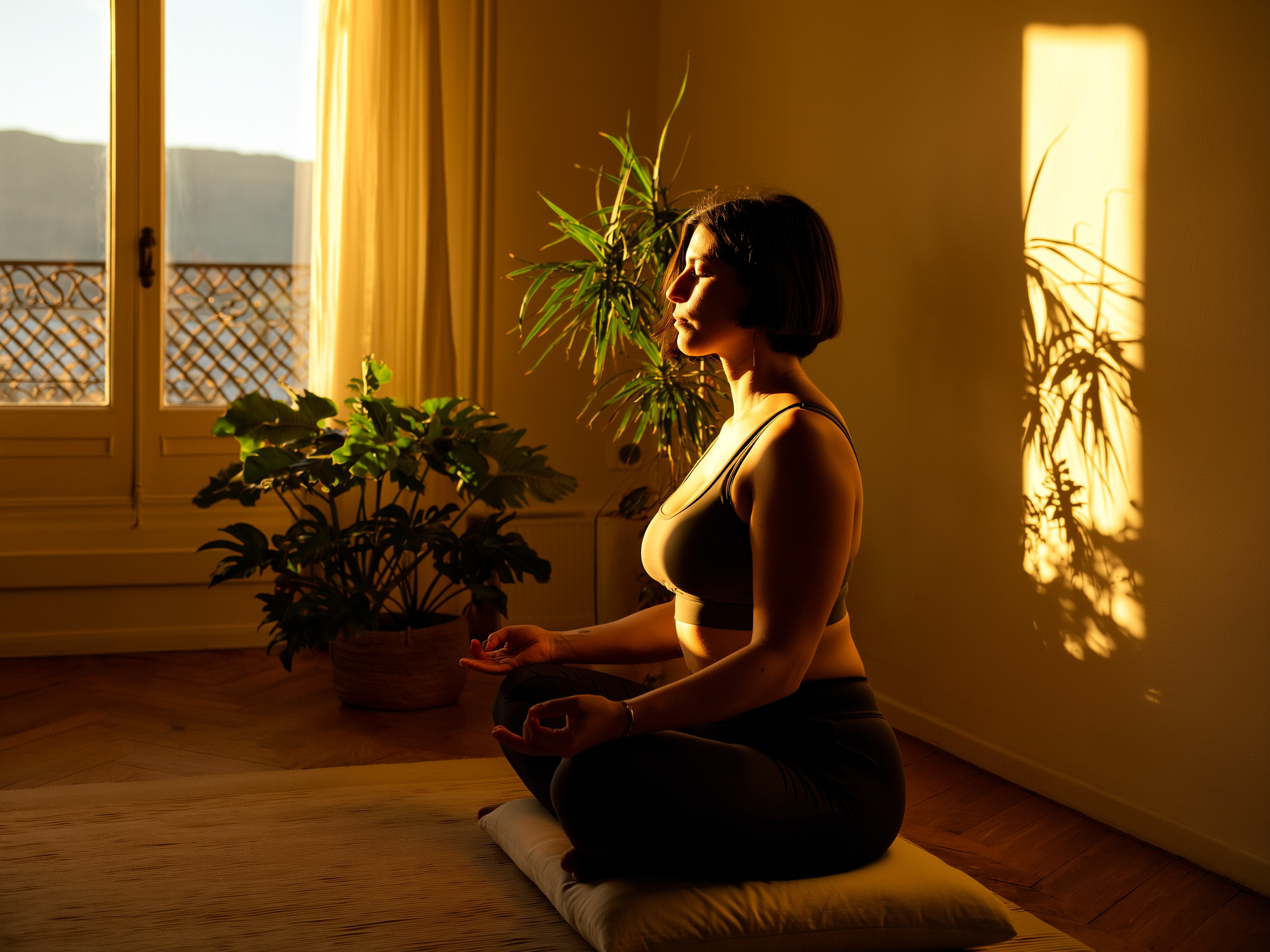 Mujer meditando en un espacio tranquilo con plantas, representando bienestar y autocuidado