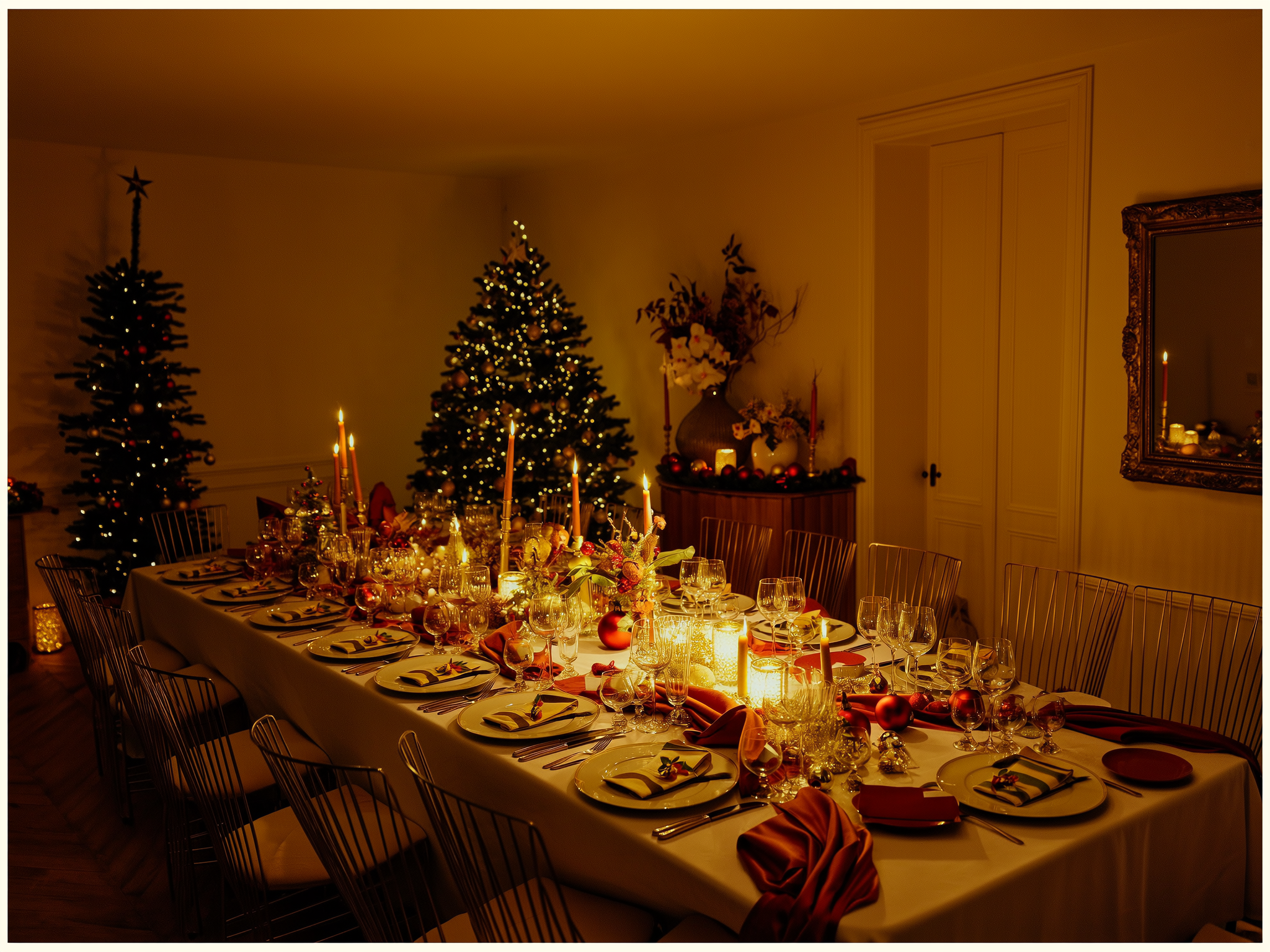 Mesa navideña elegante con decoración dorada y ambiente cálido en casa española