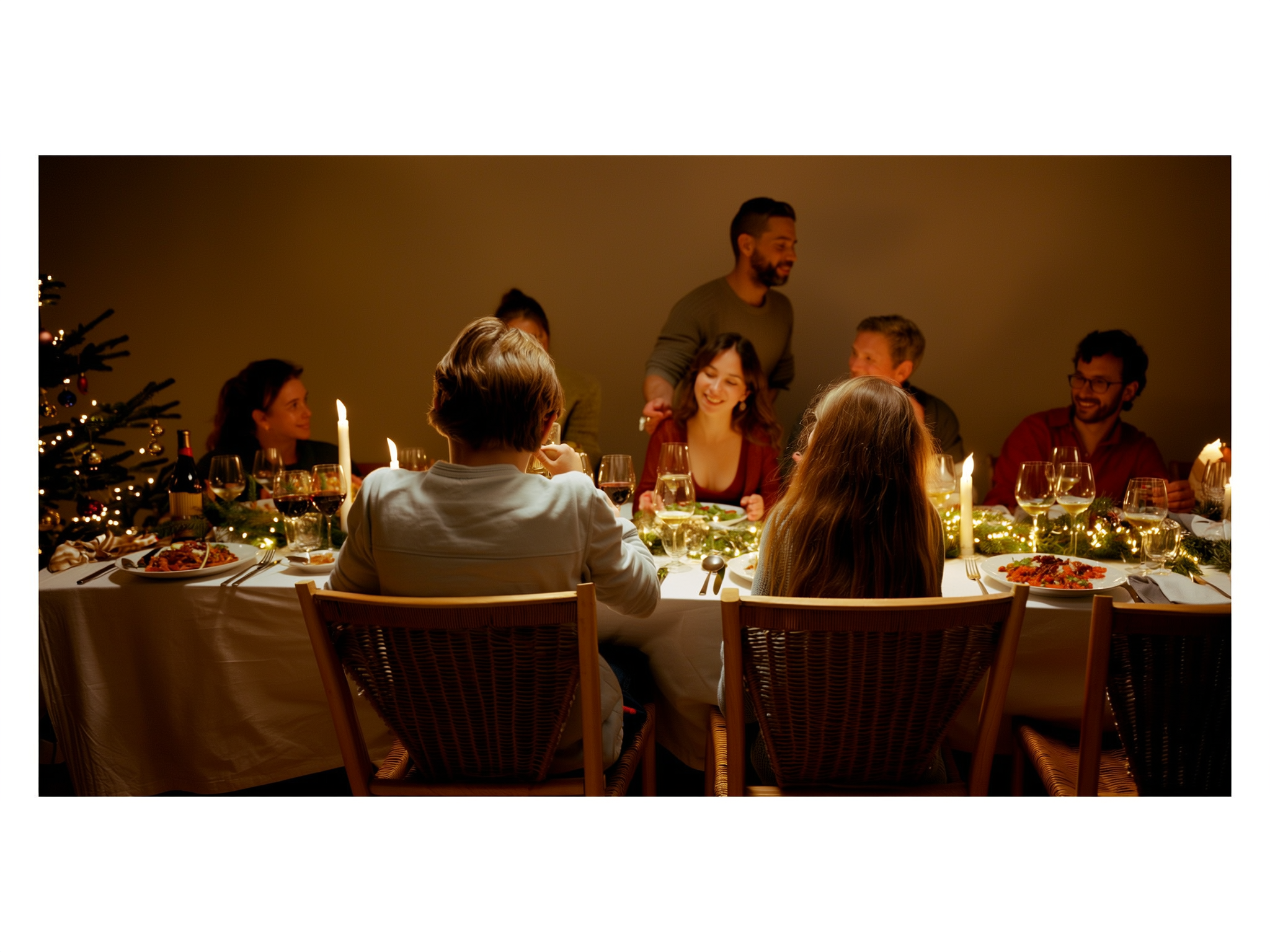 Mesa familiar navideña española con ambiente cálido y acogedor durante la cena
