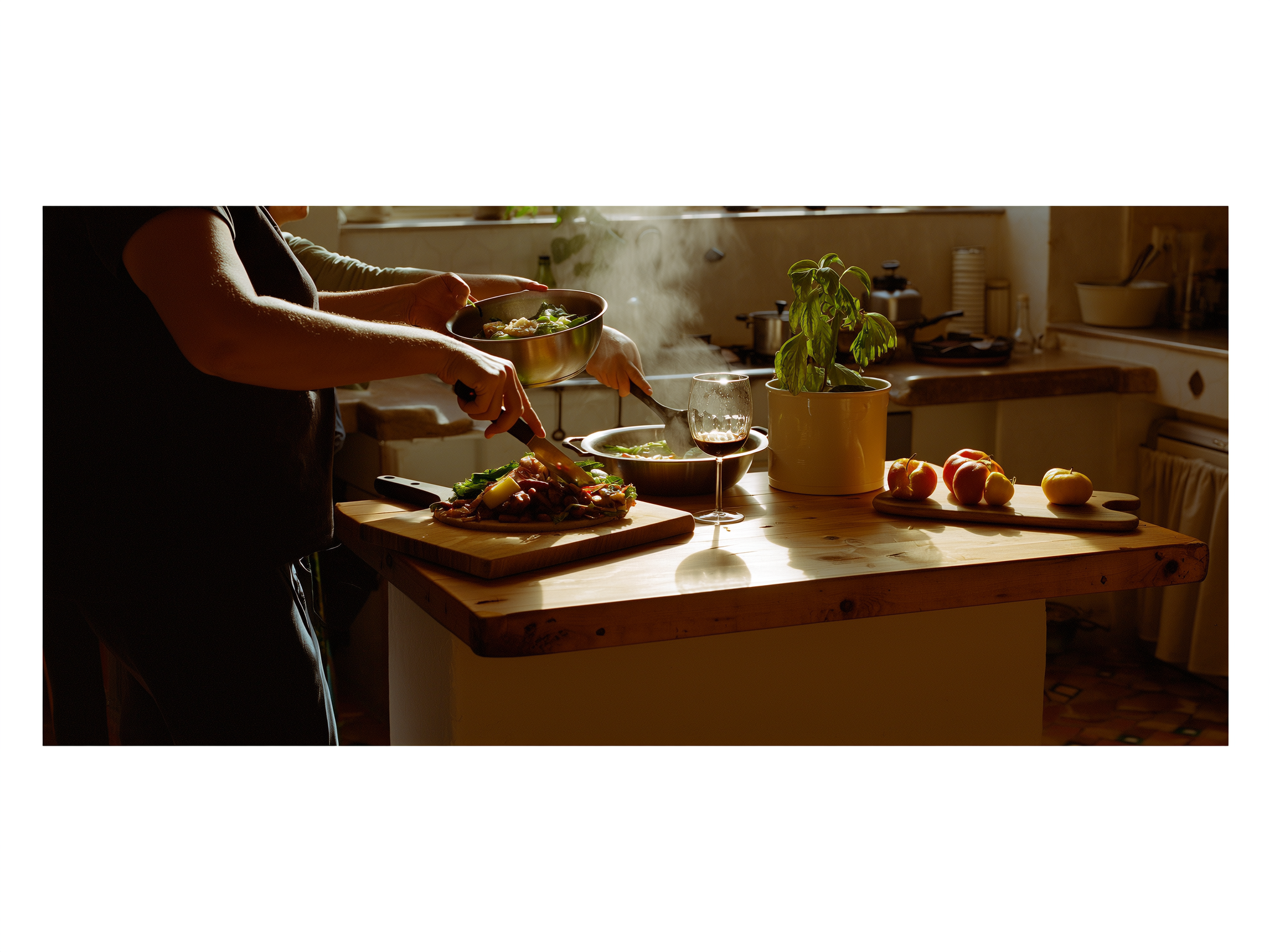 Manos preparando comida en una cocina acogedora, simbolizando la naturalidad y calidez de los encuentros familiares auténticos