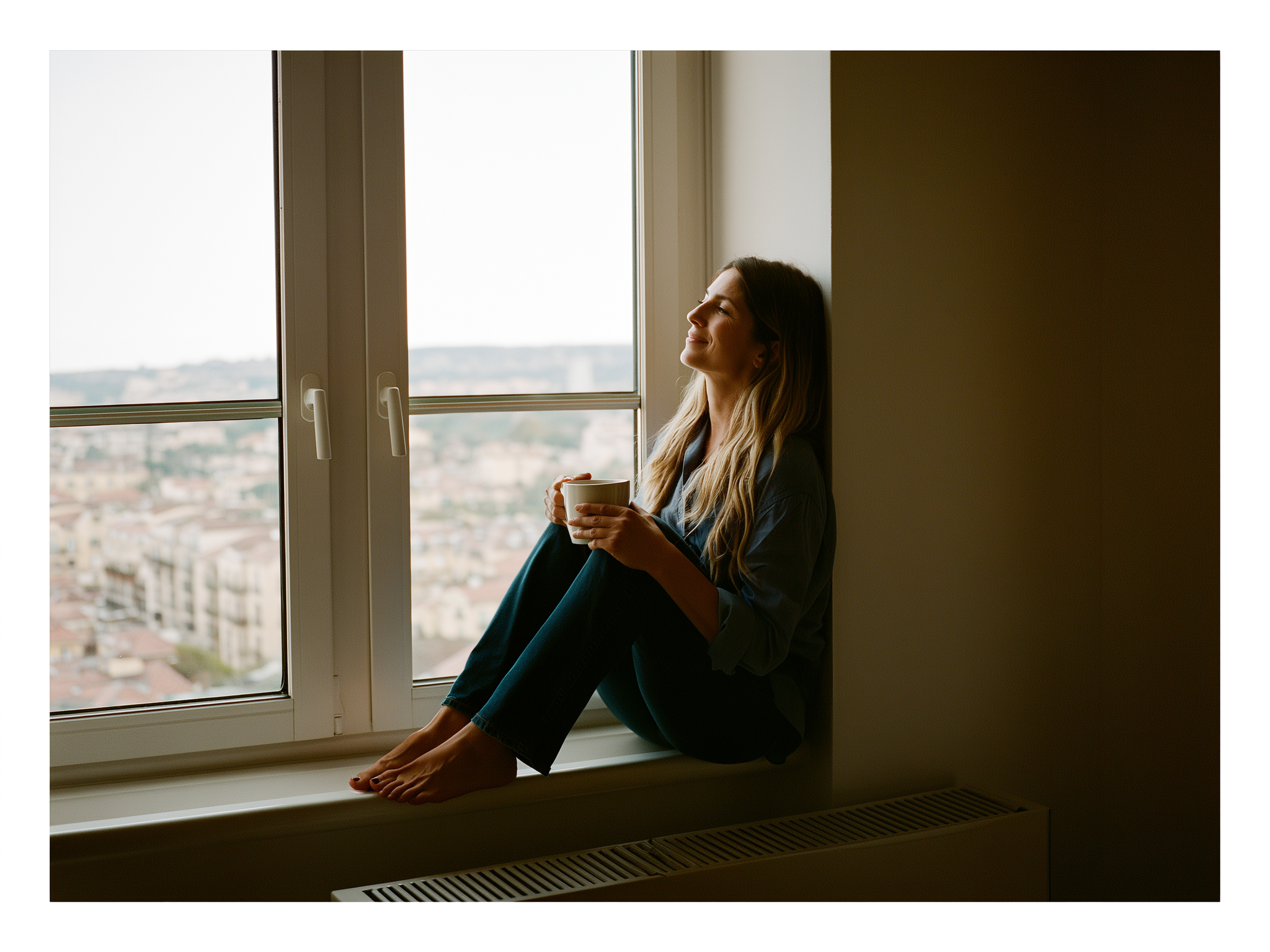 Mujer joven reflexionando tranquilamente junto a una ventana con luz natural suave