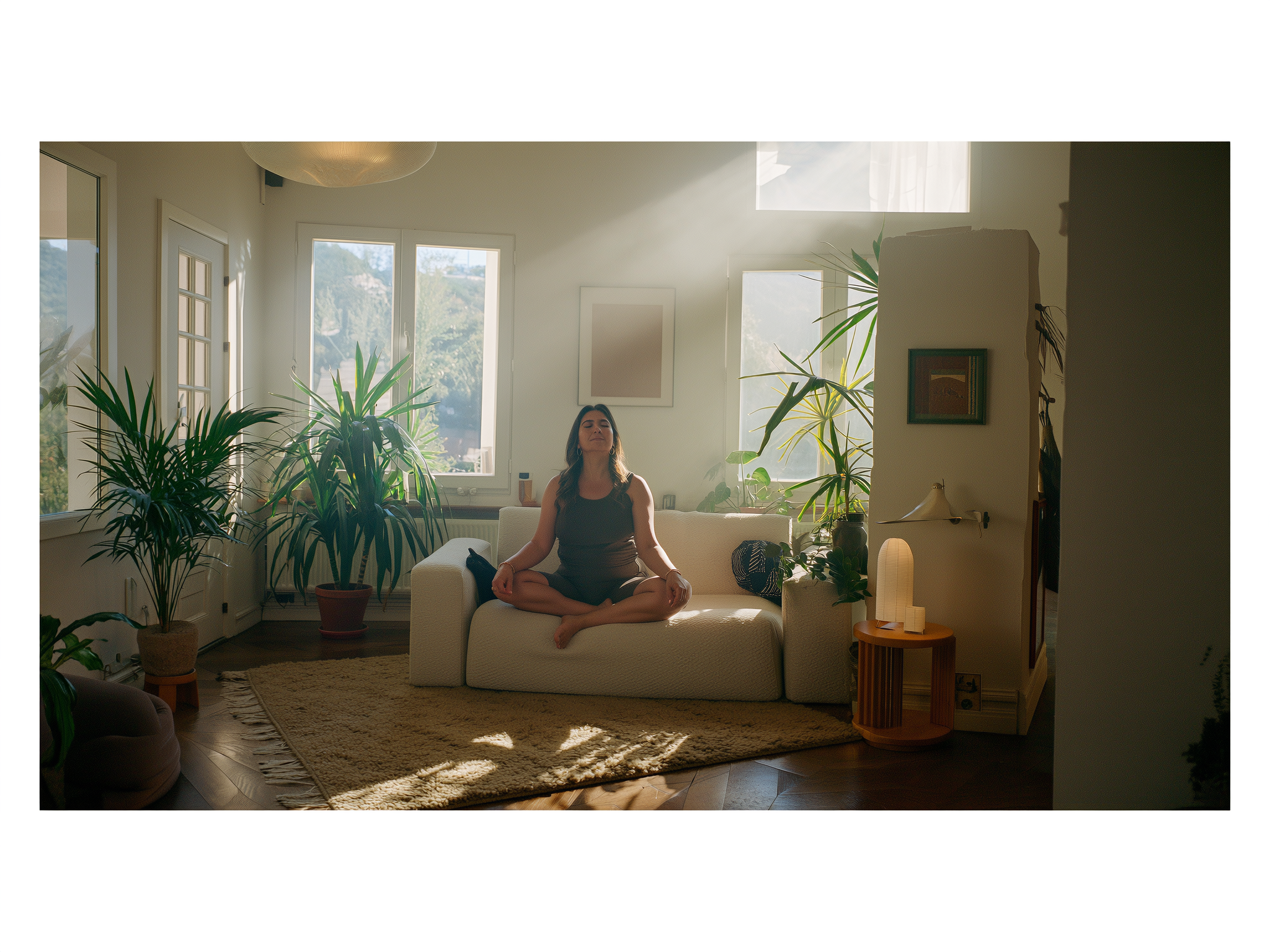 Mujer practicando mindfulness en un espacio tranquilo con plantas