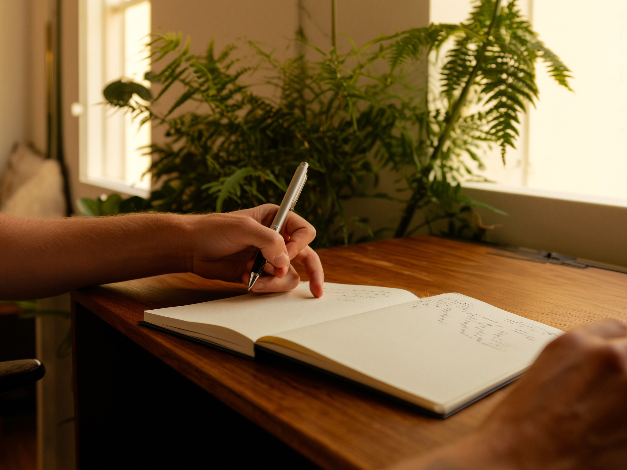 Manos escribiendo en un diario sobre escritorio de madera, luz natural suave