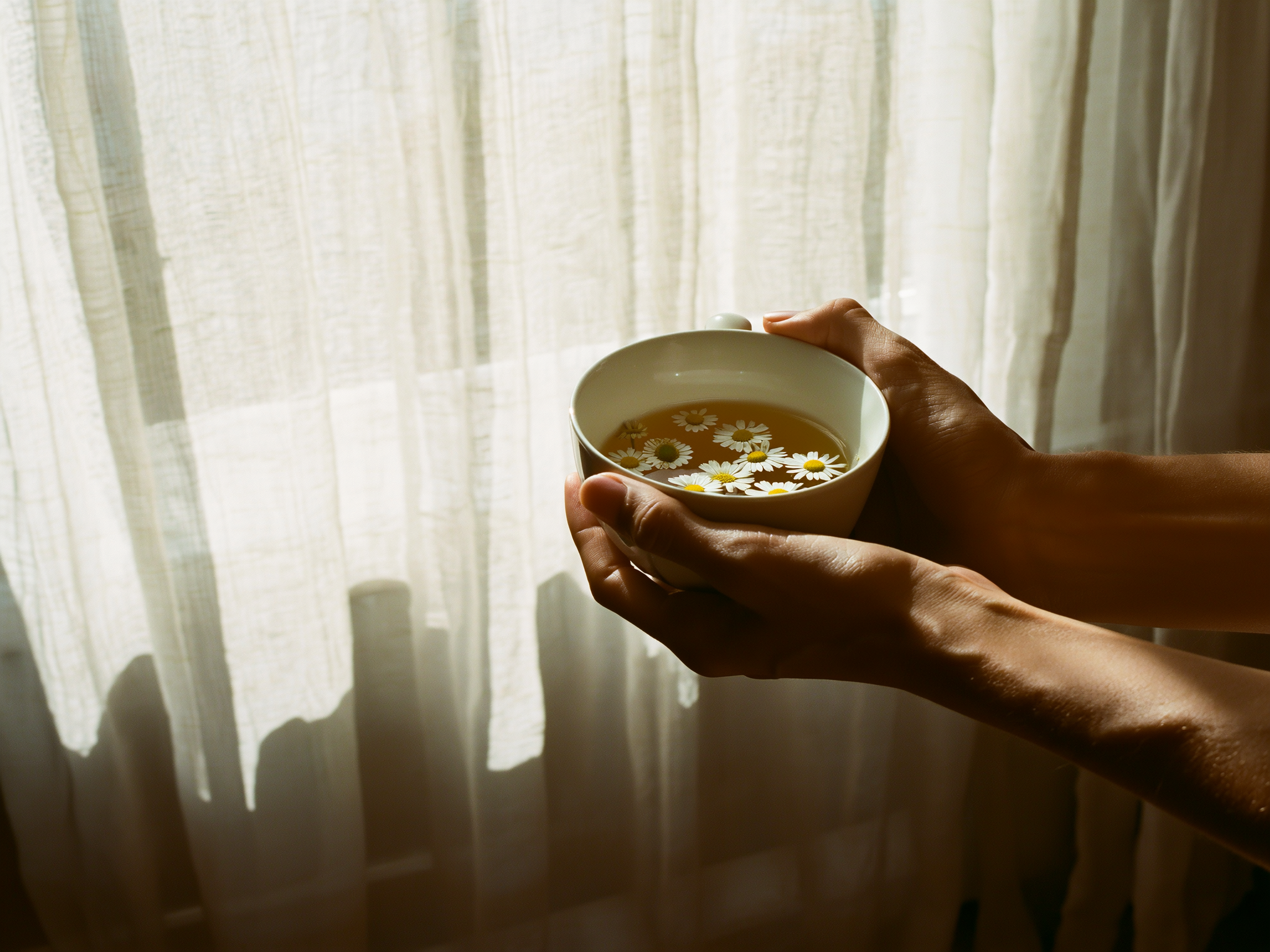 Manos sosteniendo una taza de té en ambiente tranquilo