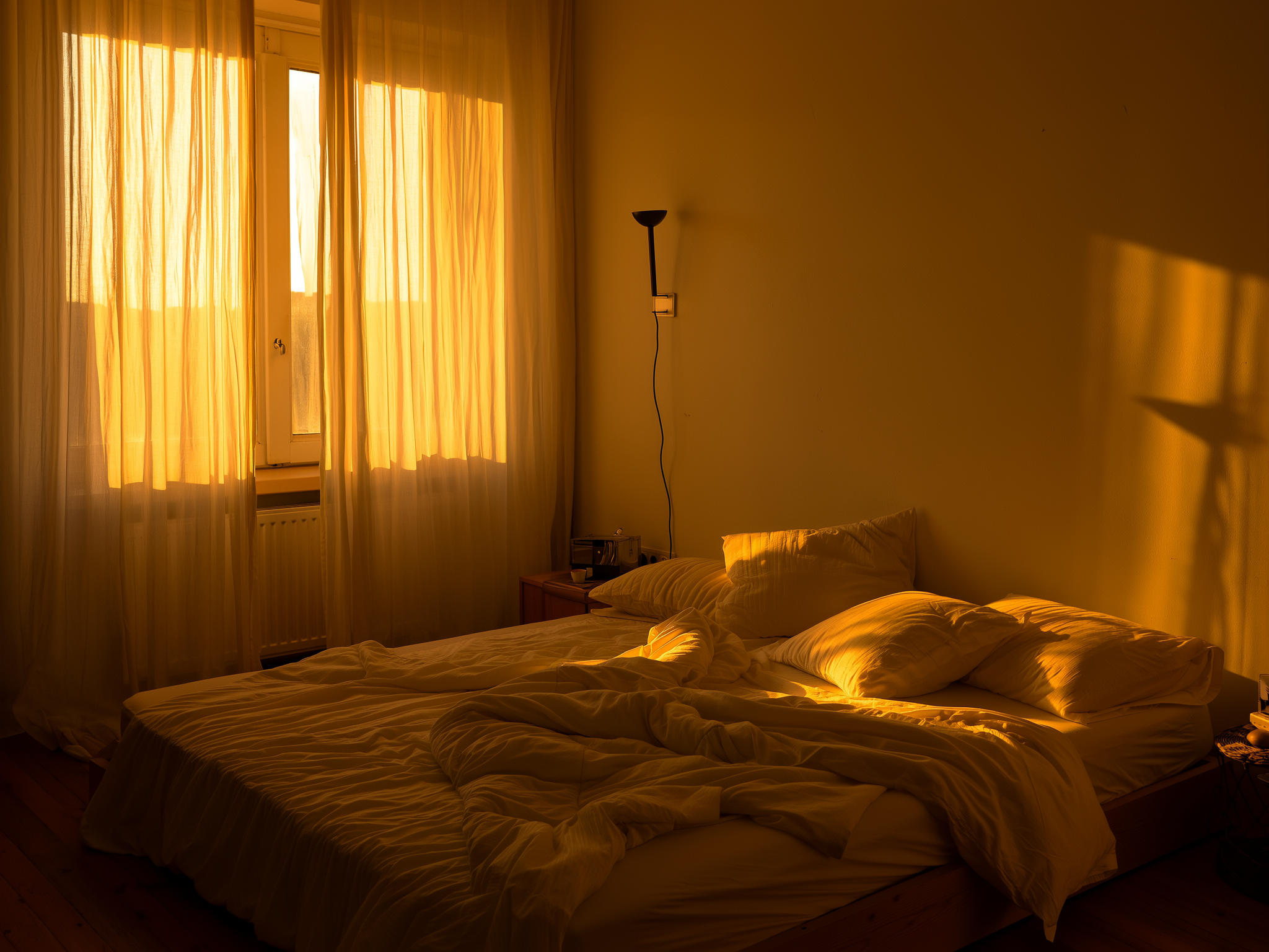Pareja sentada en una cama conversando con luz suave de atardecer