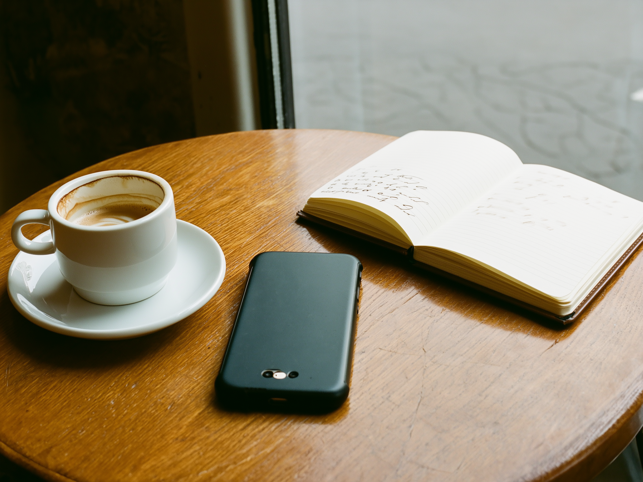 Teléfono móvil boca abajo junto a un café y cuaderno, simbolizando la desconexión digital saludable