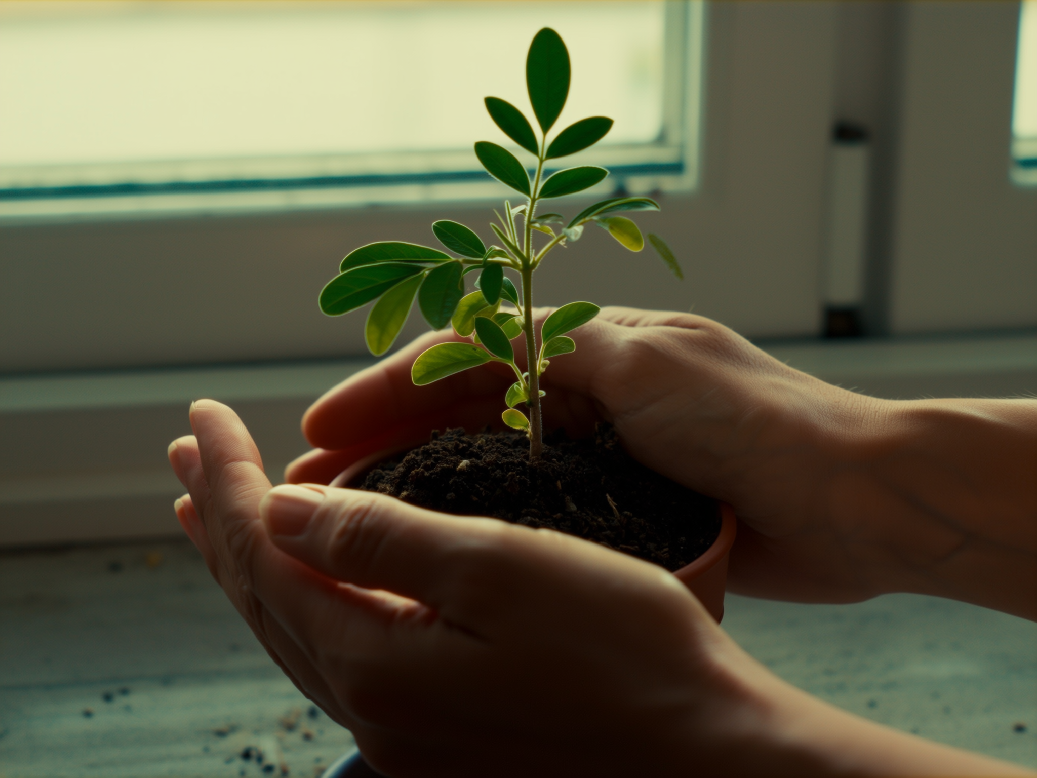 Manos de mujer cuidando una planta joven, simbolizando el cuidado y la esperanza en el crecimiento