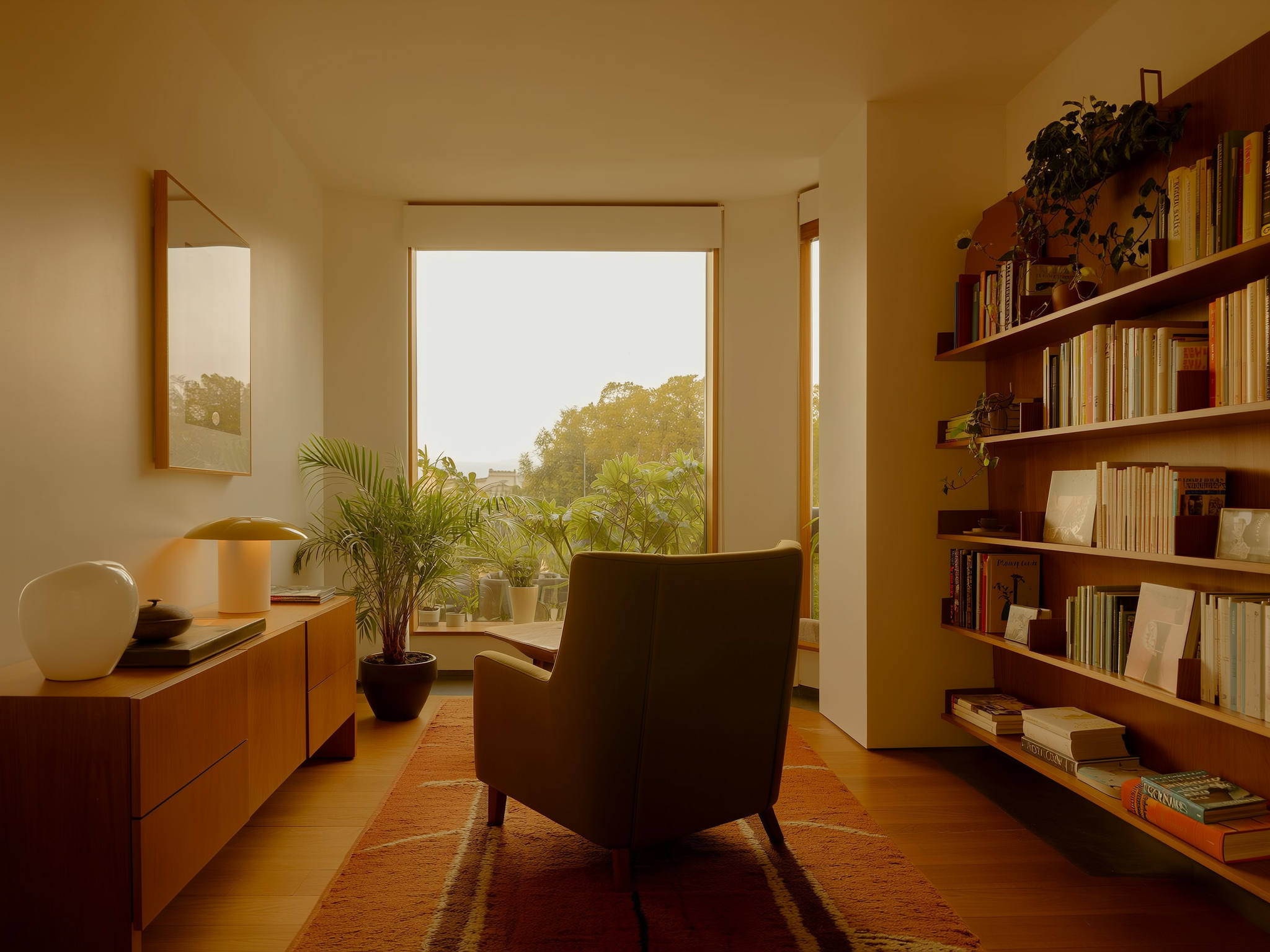 Consulta de terapia acogedora con luz natural y plantas, representando un espacio seguro para la sanación
