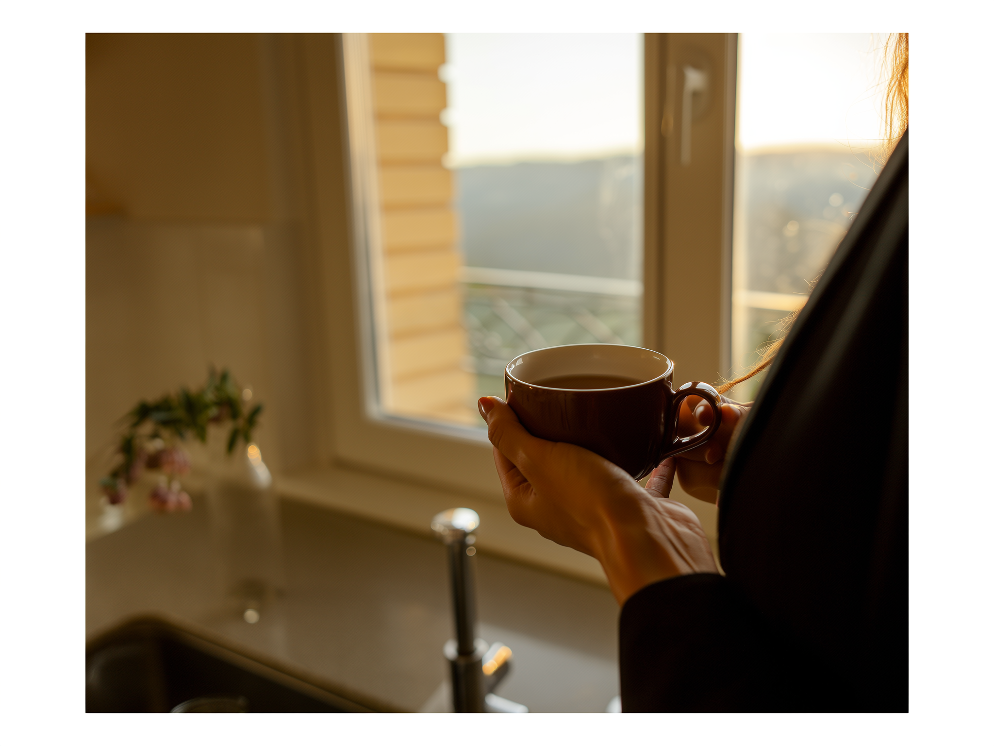 Manos de mujer sosteniendo una taza de té en ambiente hogareño y tranquilo