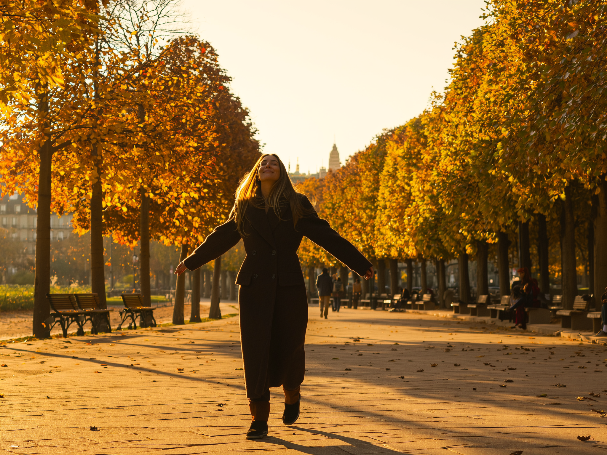 Mujer caminando tranquilamente por un parque otoñal con luz dorada