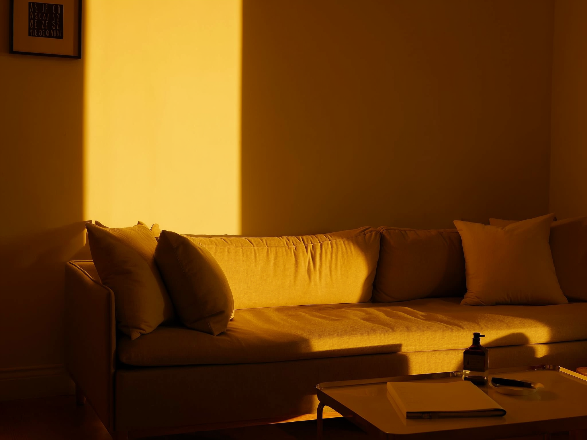 Sala de estar tranquila con luz dorada, ambiente de reflexión y autoconocimiento
